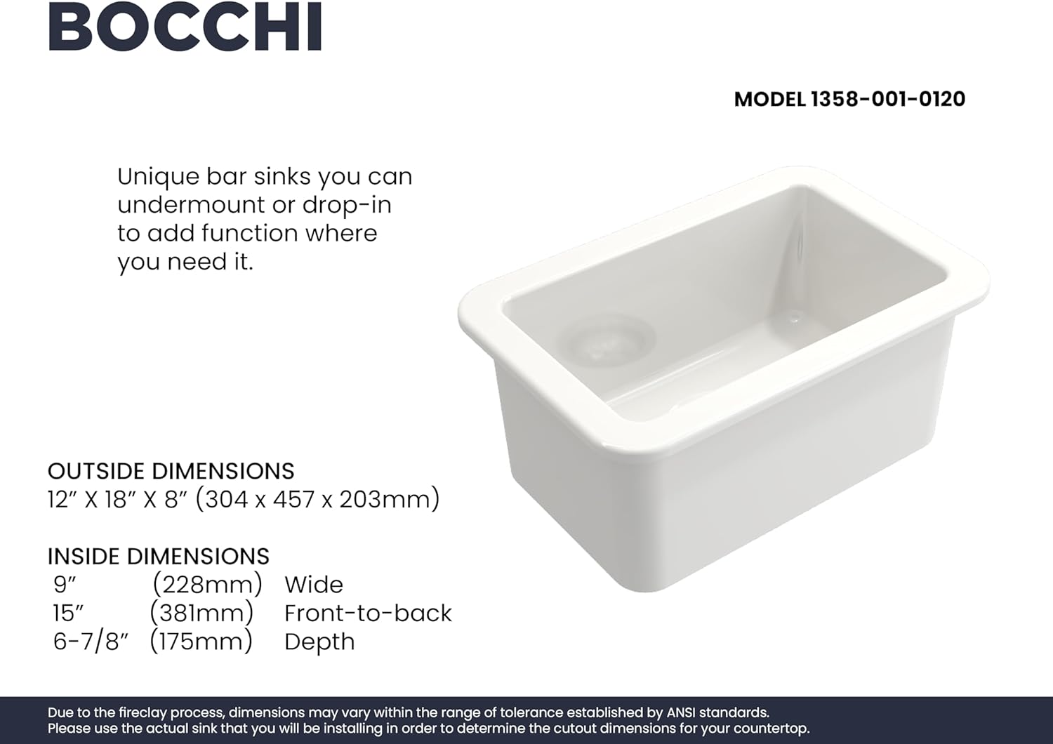White Fireclay 12" Single Bowl Drop-in Sink