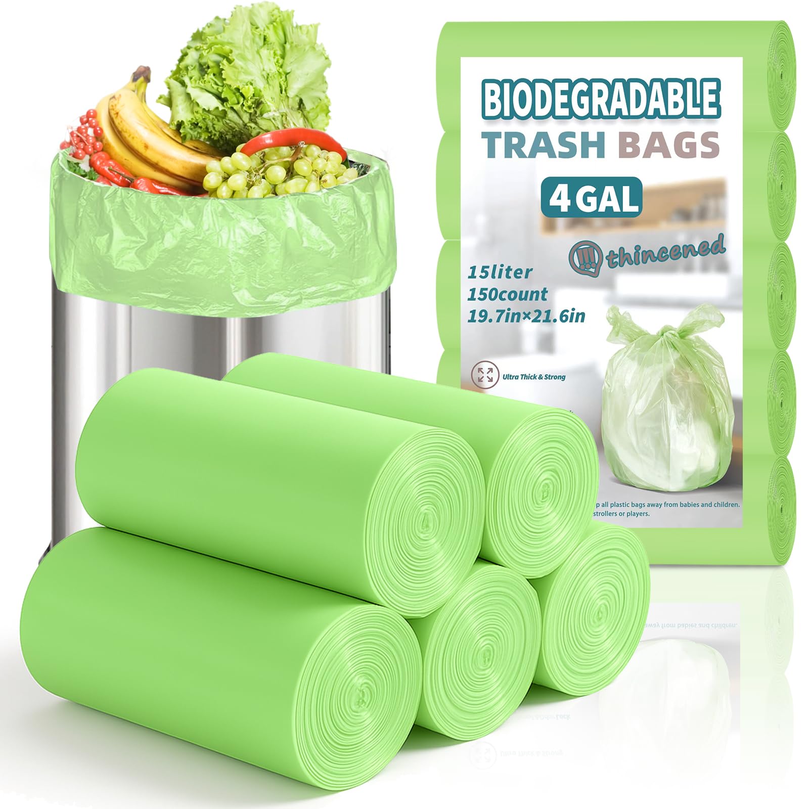Compost Bags 15 L Biodegradable Garbage Bags 150 Count 4 Gallon Trash Bags for Kitchen Food Waste & Green Bin Compostable, Bathroom & Indoor
