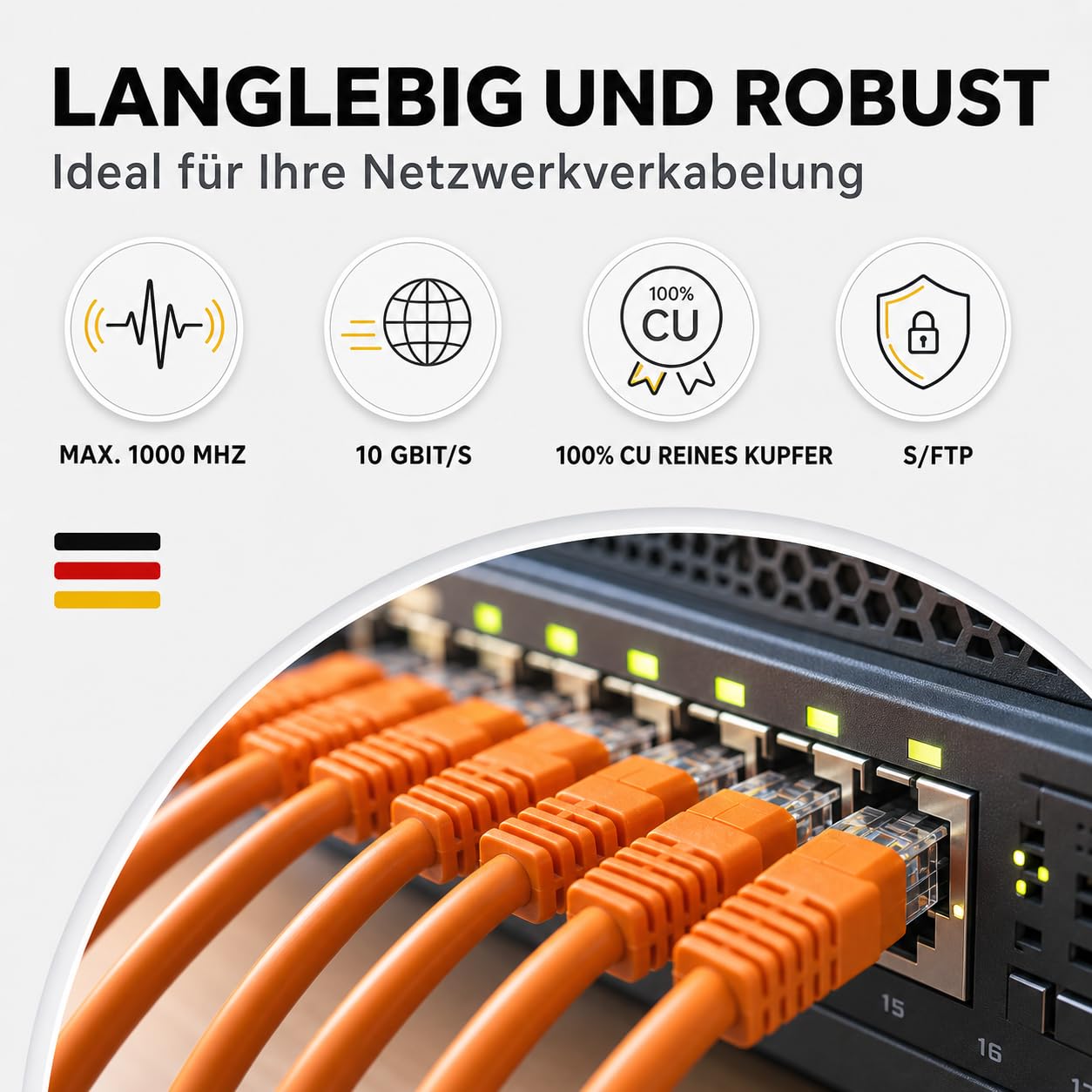 RedStar24 Cat 7 Kabel 50m mit 4x RJ45 Steckern werkzeuglos, Kupfer LAN Verlegekabel 1000MHz AWG23/1, S/FTP PIMF, PoE 10Gbit Ethernet Netzwerkkabel
