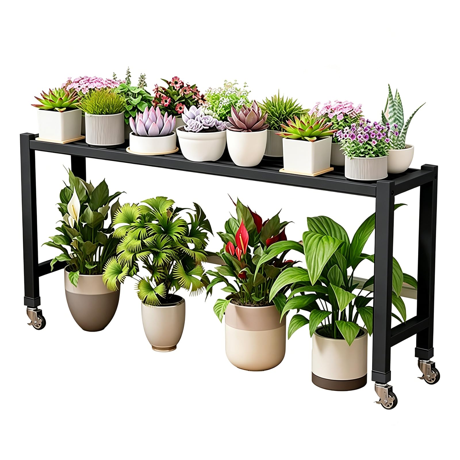 ATRBNCX Heavy Duty 1 Tier Plant Stand With Wheels, Mobile Flower Cart Display Shelving, Durable Planter Rack Stand For Patio, Balcony & Commercial Use(Size:120cm/47in,Color:Black)