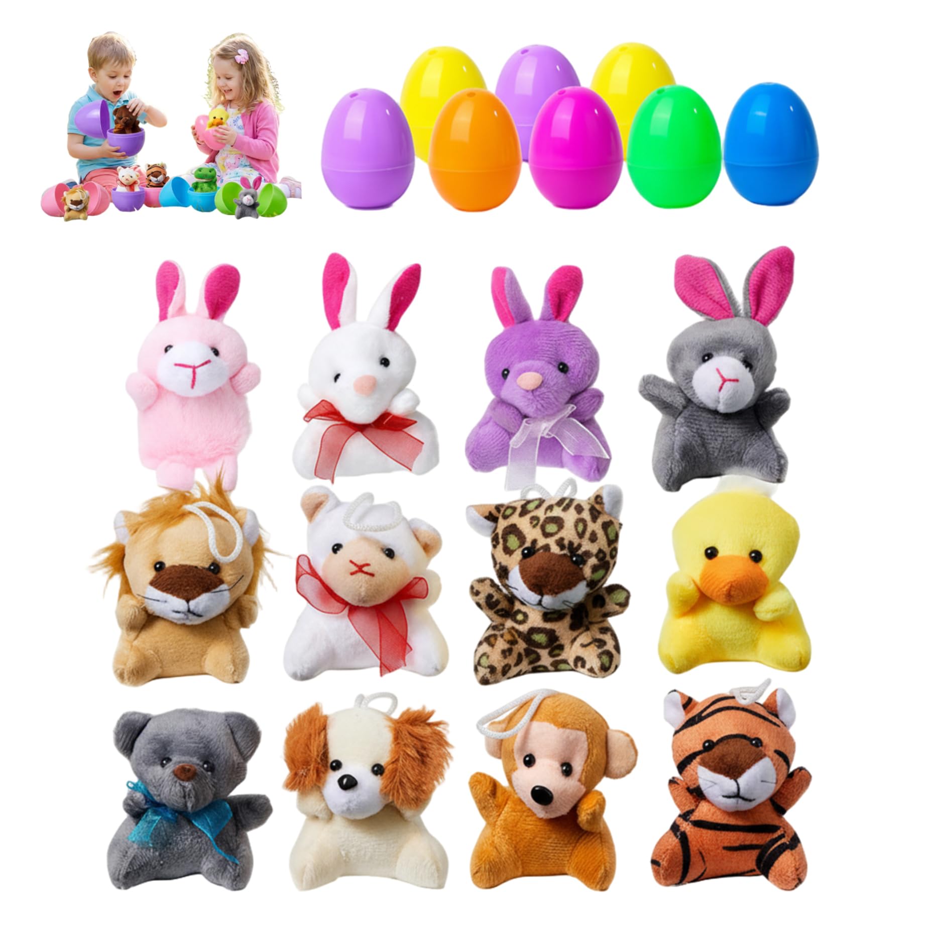 12 pezzi di riempitivi per uova di Pasqua, uova di Pasqua riempite di plastica con animali di peluche a sorpresa per bambini, riempitivi per cestini, bomboniere e per per le feste