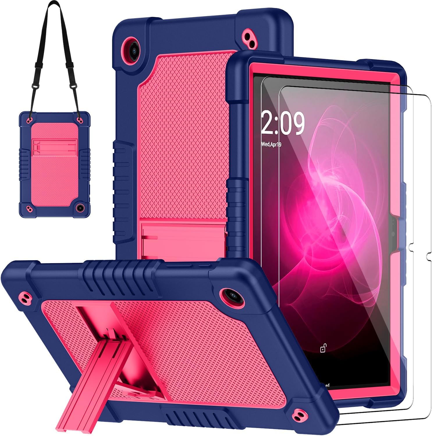 Case for T-Mobile Revvl Tab 2 Tablet 10.1 inch with 2 Pcs Screen Protector,Shockproof Kids Built in Kickstand Shoulder Strap Heavy Duty Case for Revvl Tab 2 2025 Tablet 10.1 inch (Navy/Pink)