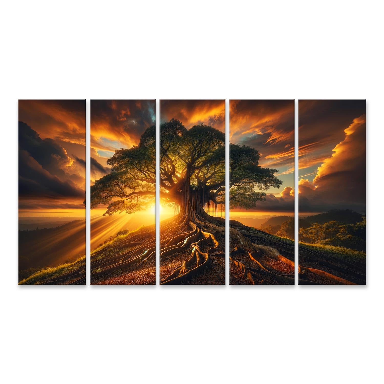 islandburner Primer cuadro sobre lienzo majestuoso árbol en colina puesta de sol extensas raíces imágenes murales carteles