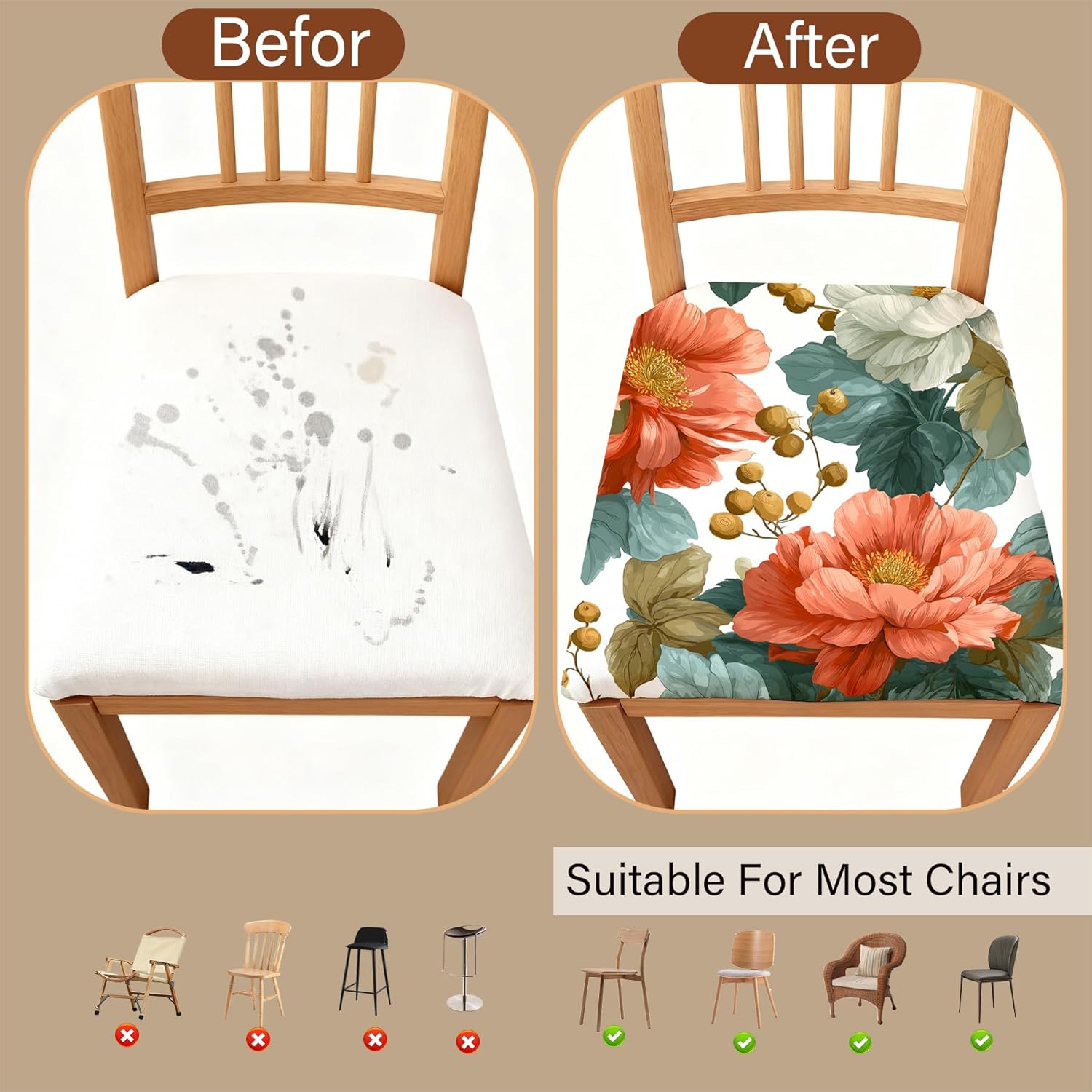 Chair Covers - Elastic Printed Dining Chair Slipcovers, Removable Washable with Elastic Band, Anti-Slip，Protective Covers for Dining Chair Cushions (Type 2, 4-Piece Set)