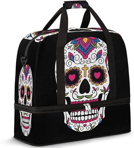 Sugar Skull Mexican Foldable Travel Duffel Bag Tote Carry On Luggage Sports Gym Bag With Shoe Compartment For Woman Man Overnight Weekend Yoga Workout Bag Training Handbag