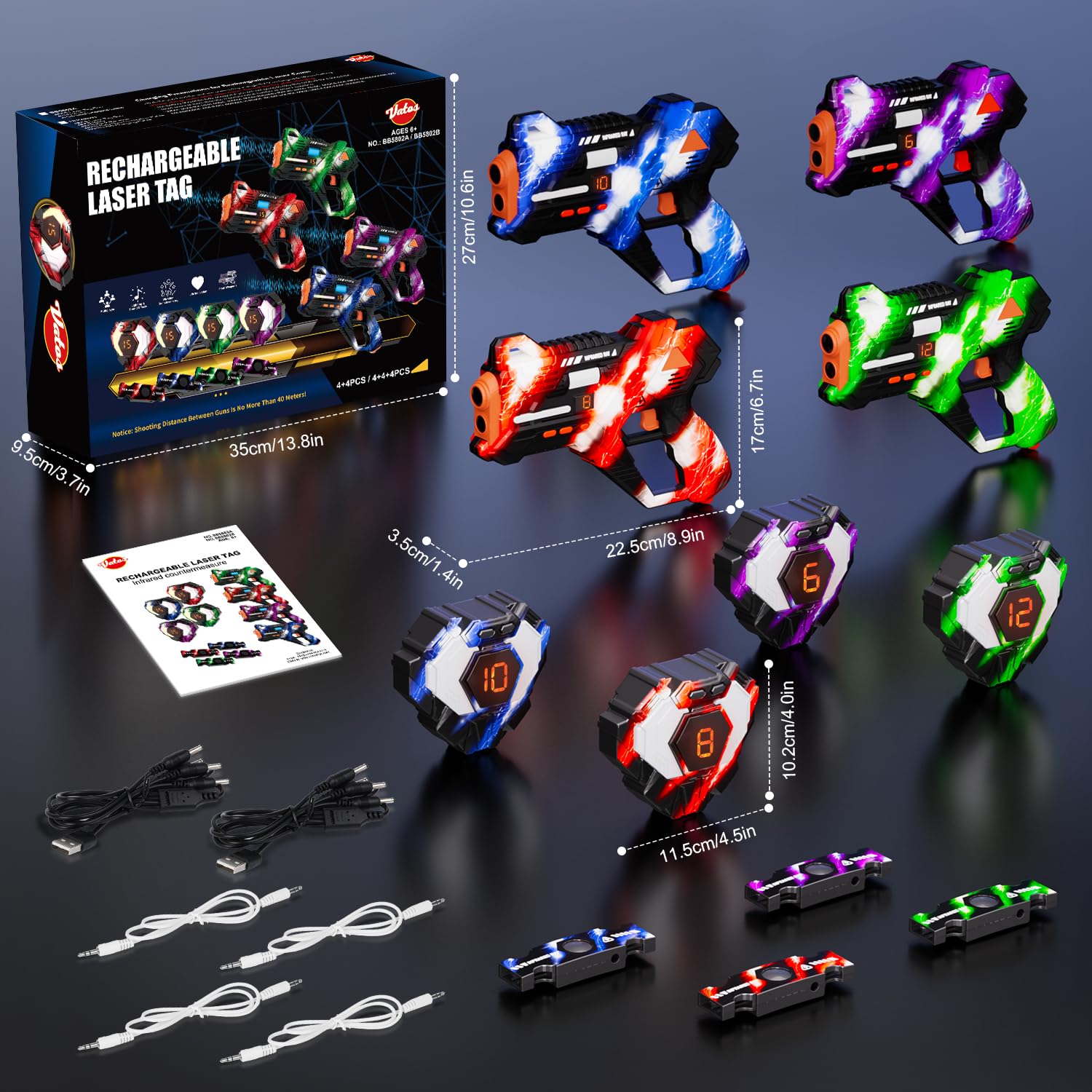 VATOS Pistola de Juguete Recargable con Combate 360° - Pistola de Juguete con Pantalla 2.4GHz Data Sync con Chaleco y Objetivo Trasero 4 Jugadores, Juego de Pistola por Infrarrojos para Niños