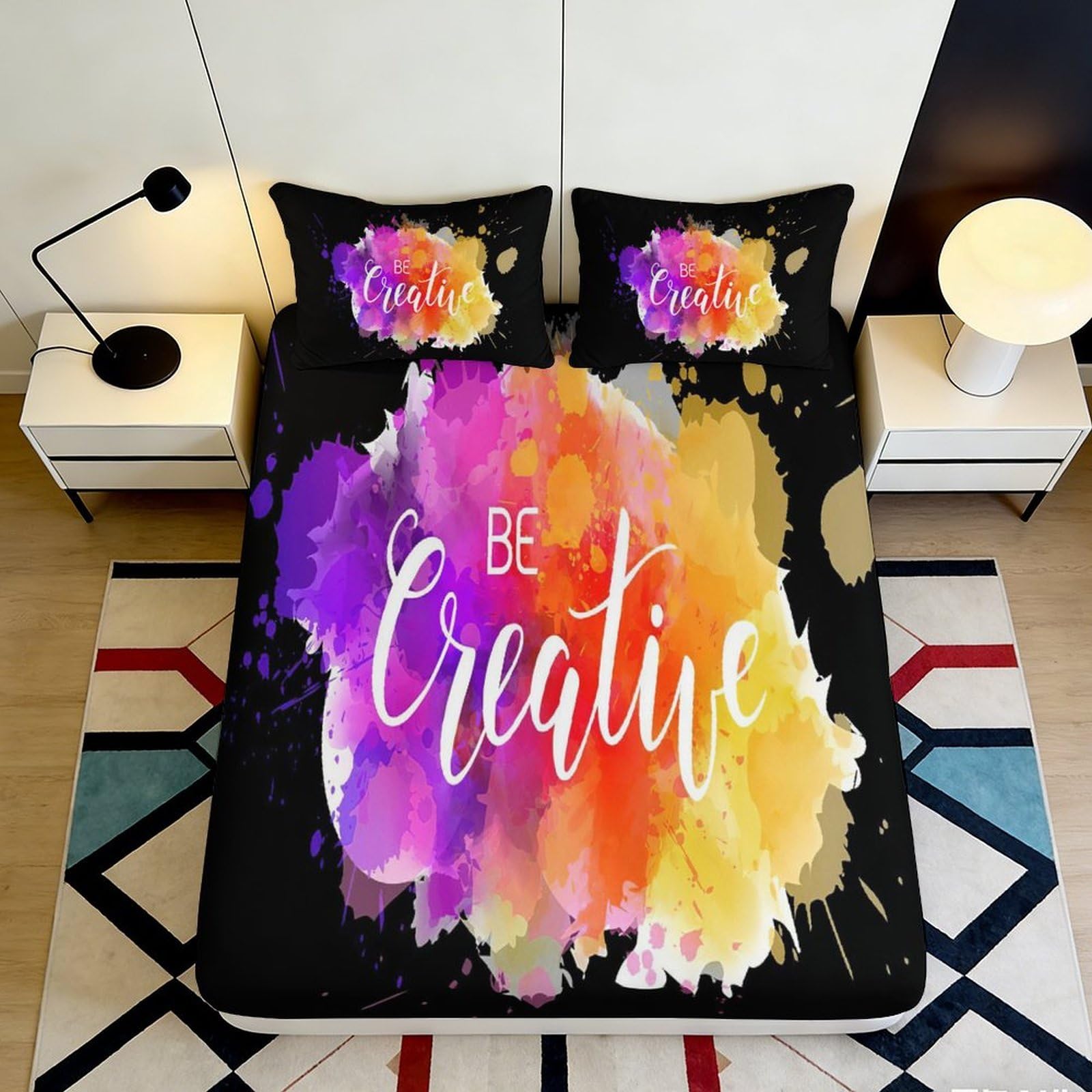 3D Printed Watercolor Splash Fitted Sheet Microfiber Artistic Typography Bed Cover for Bedroom Dorm Mattress Decor 90x200x25cm