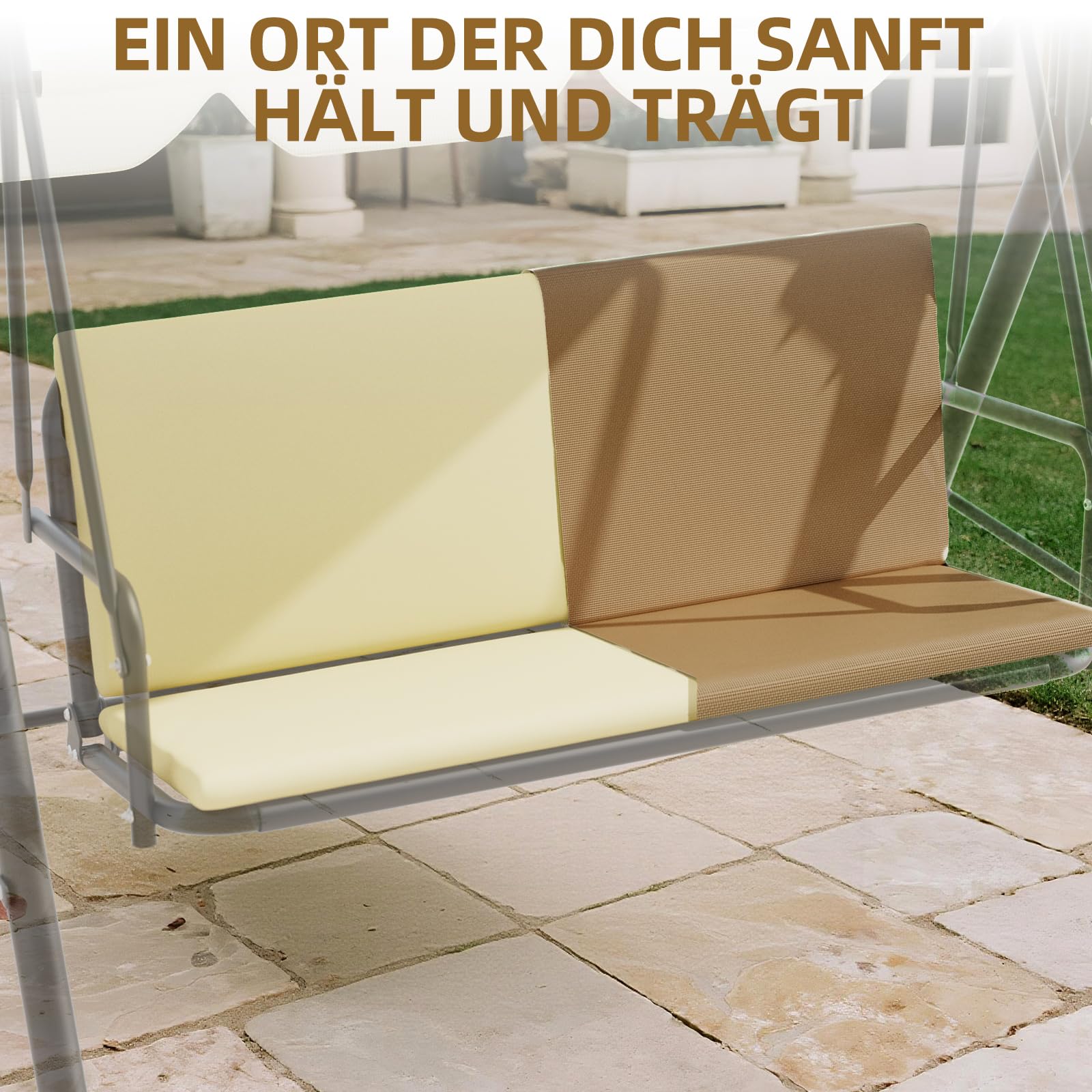 Soontrans Dondolo a 3 posti per pomeriggio rilassato in giardino, altalena da giardino con cuscino imbottito e tettuccio parasole regolabile, in acciaio e tessuto textilene (193 x 110 x 152 cm