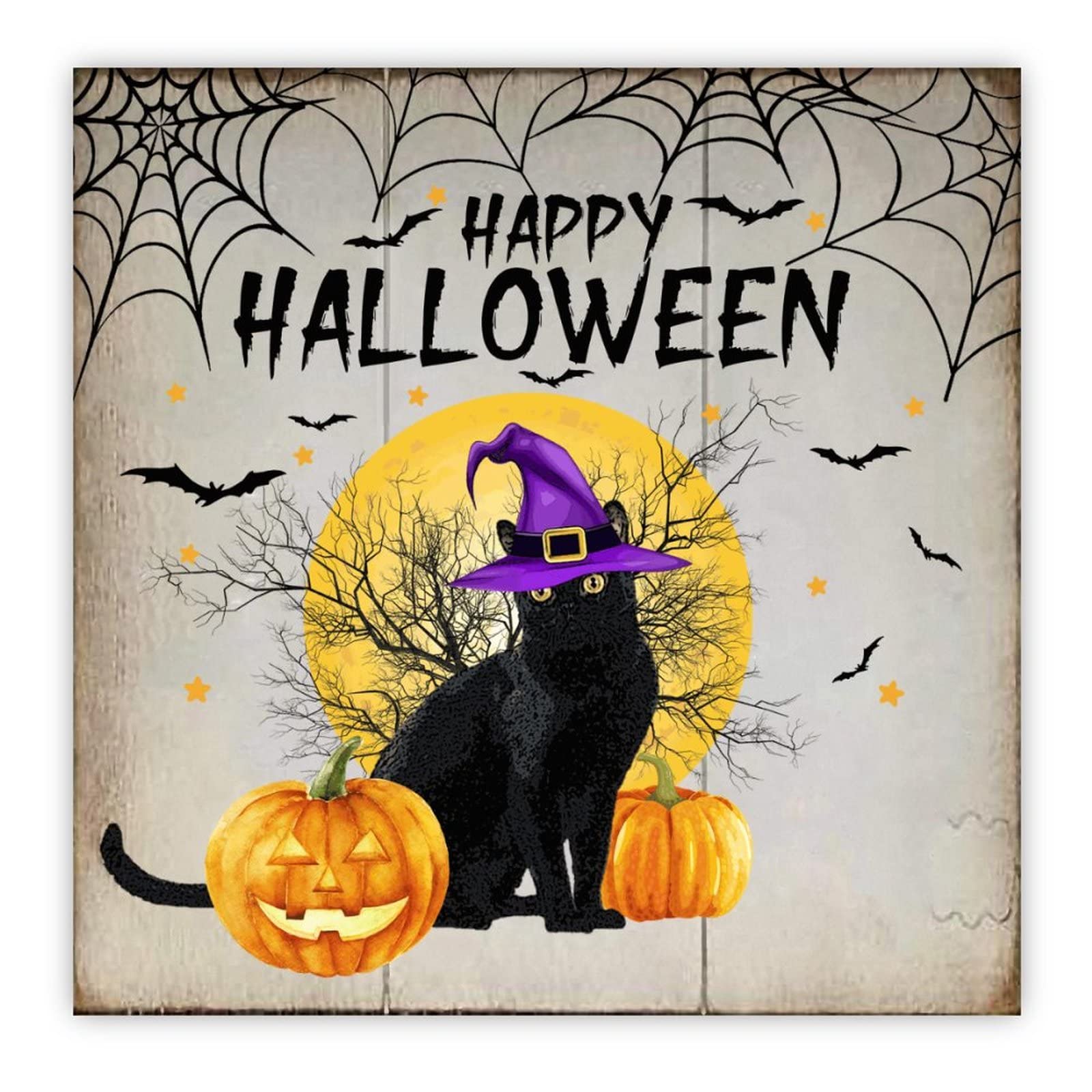 Panneau bois Happy Halloween citrouille sorciere chat decoration murale