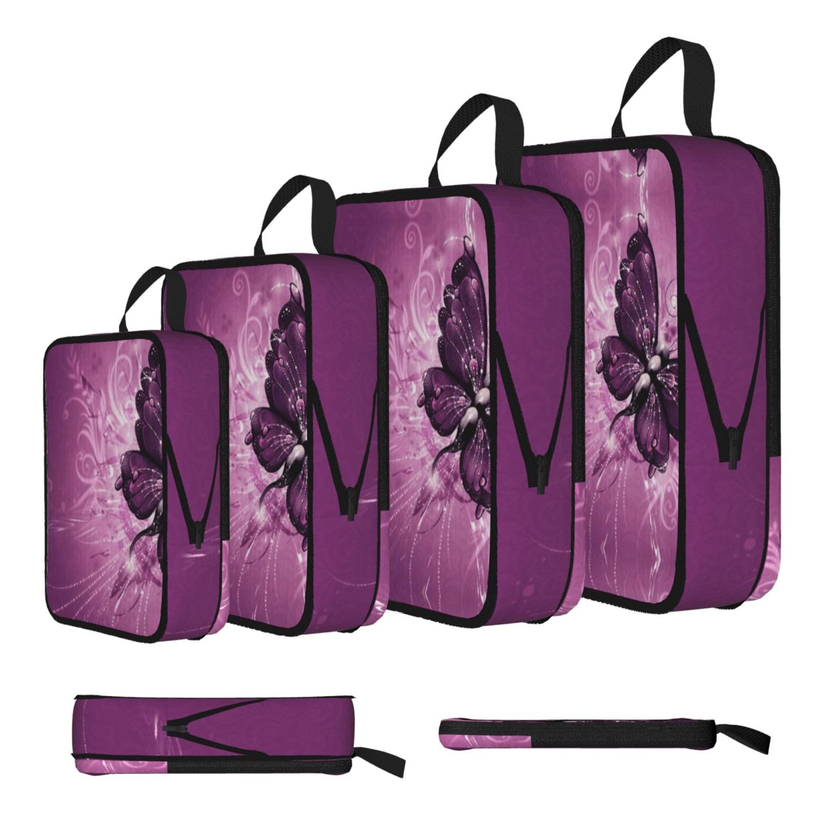 Esnaiuvcd Black Pink Butterfly Print 4 Set Compression Packing Cubes For Suitcases,Expandable Storage Bags Organizers