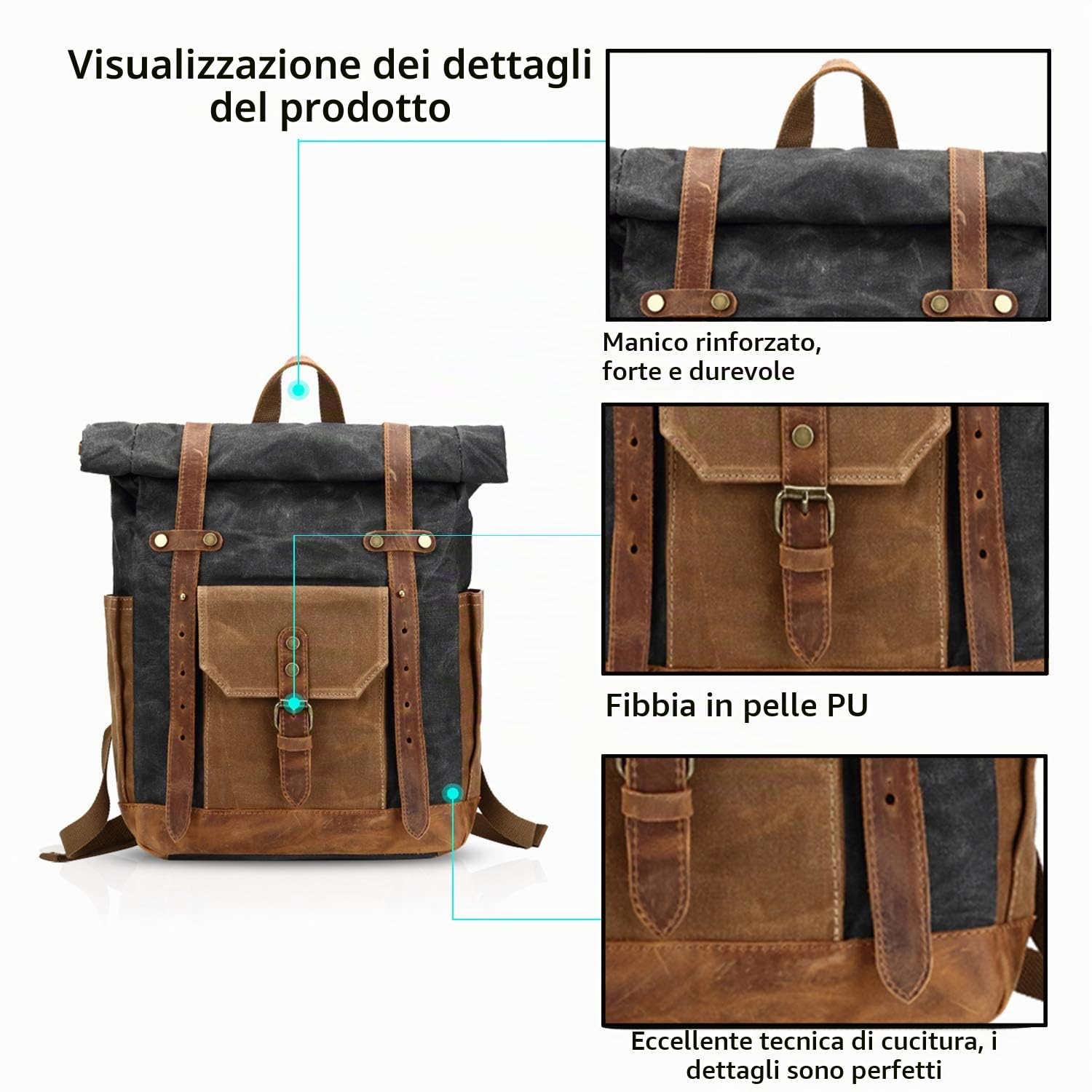 FANDARE Moda Borsa scuola Viaggio Zaino Uomo 15.6 pollici Daypack Outdoor Campeggio Grande Capacity Rucksack Tela, nero, L, Zaino per il tempo libero