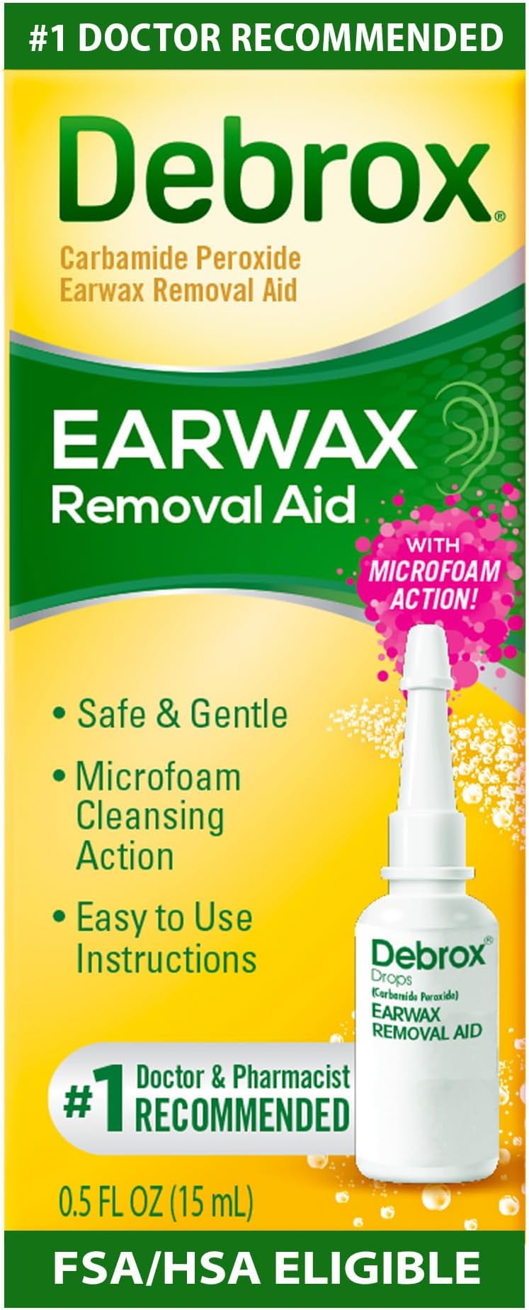 Debrox Ear Wax Removal Drops, Gentle Microfoam Ear Wax Remover with Carbamide Peroxide, 0.5 Fl Oz