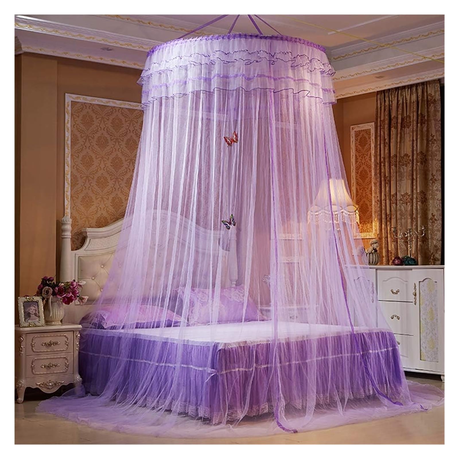 Dentelle suspendue sur baldaquin rond violet haut de gamme pour lit