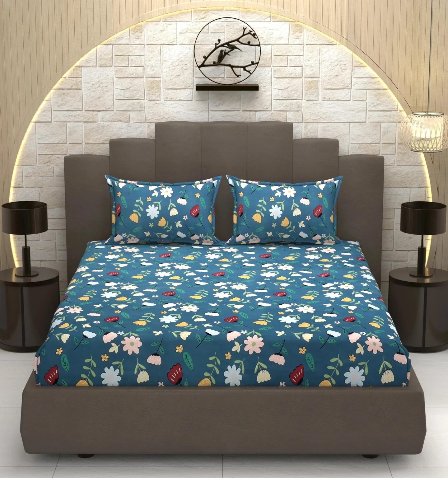 DECOMIZER 300 TC Cotton Feel Glace Cotton Elastic Fitted Printed King Size Double Bed Bedsheet with 2 Pillow Coverm Fits Upto 8 inches Mattress,Size- 72x78x10 Inches,Blue Pink Flowers