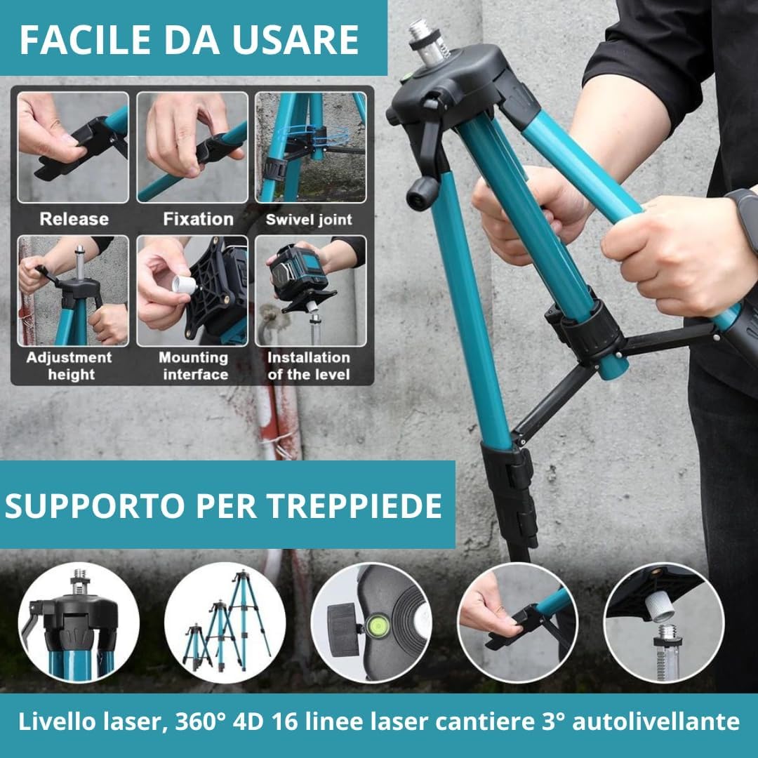 livella laser Autolivellante 360° 4D, Laser 16 linee Cantiere 3° Autolivellante, con 2 Batterie e Supporto Rotante, Incluso Treppiedi 1.2m con 3 Altezze Regolabili, Telecomando e Valigetta Inclusi.