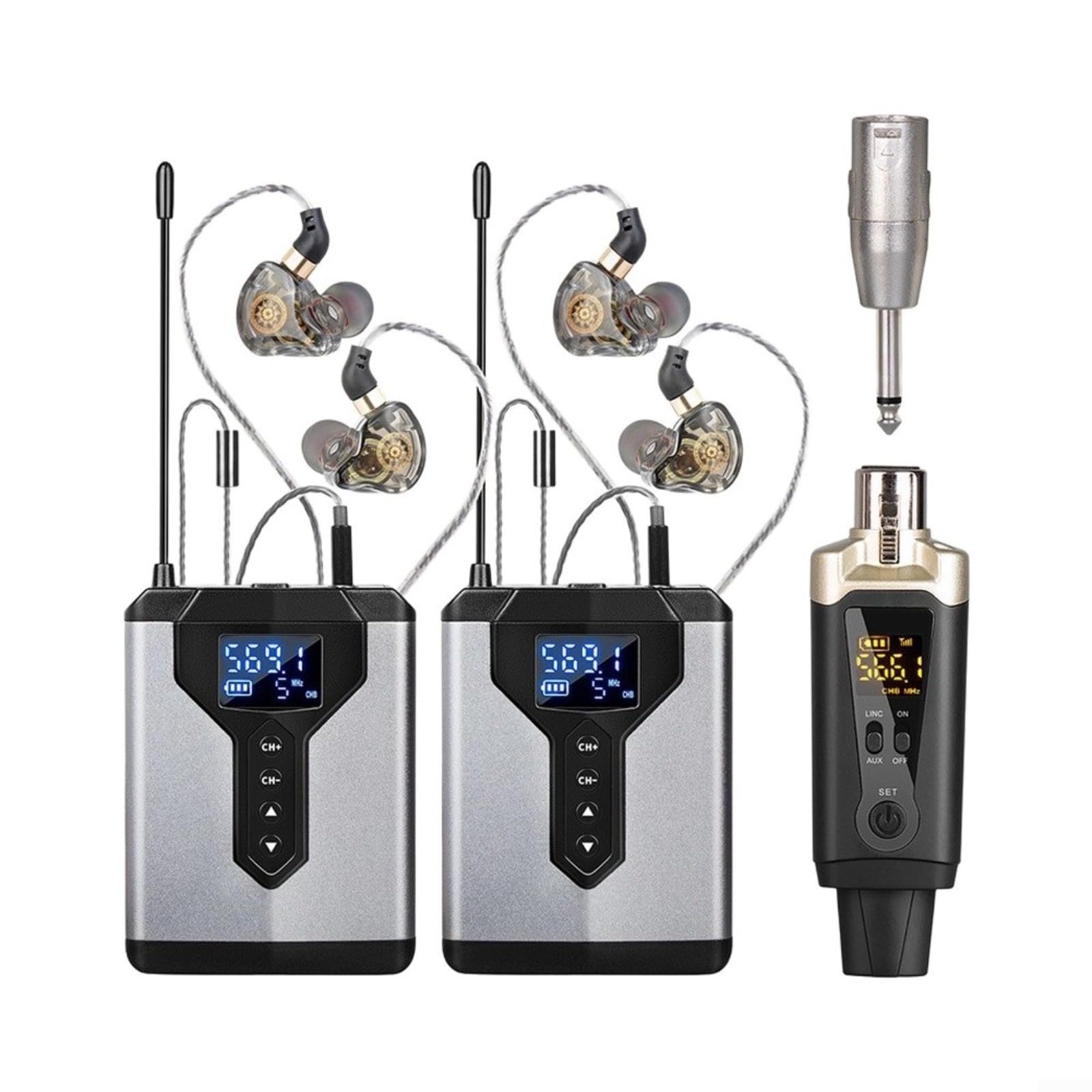 Wireless In Ear Monitoring, 1 Sender 2 Empfänger Audio Monitor mit Aluminium Gehäuse für Musiker Bühne Probe Live Auftritt(1-to-2)
