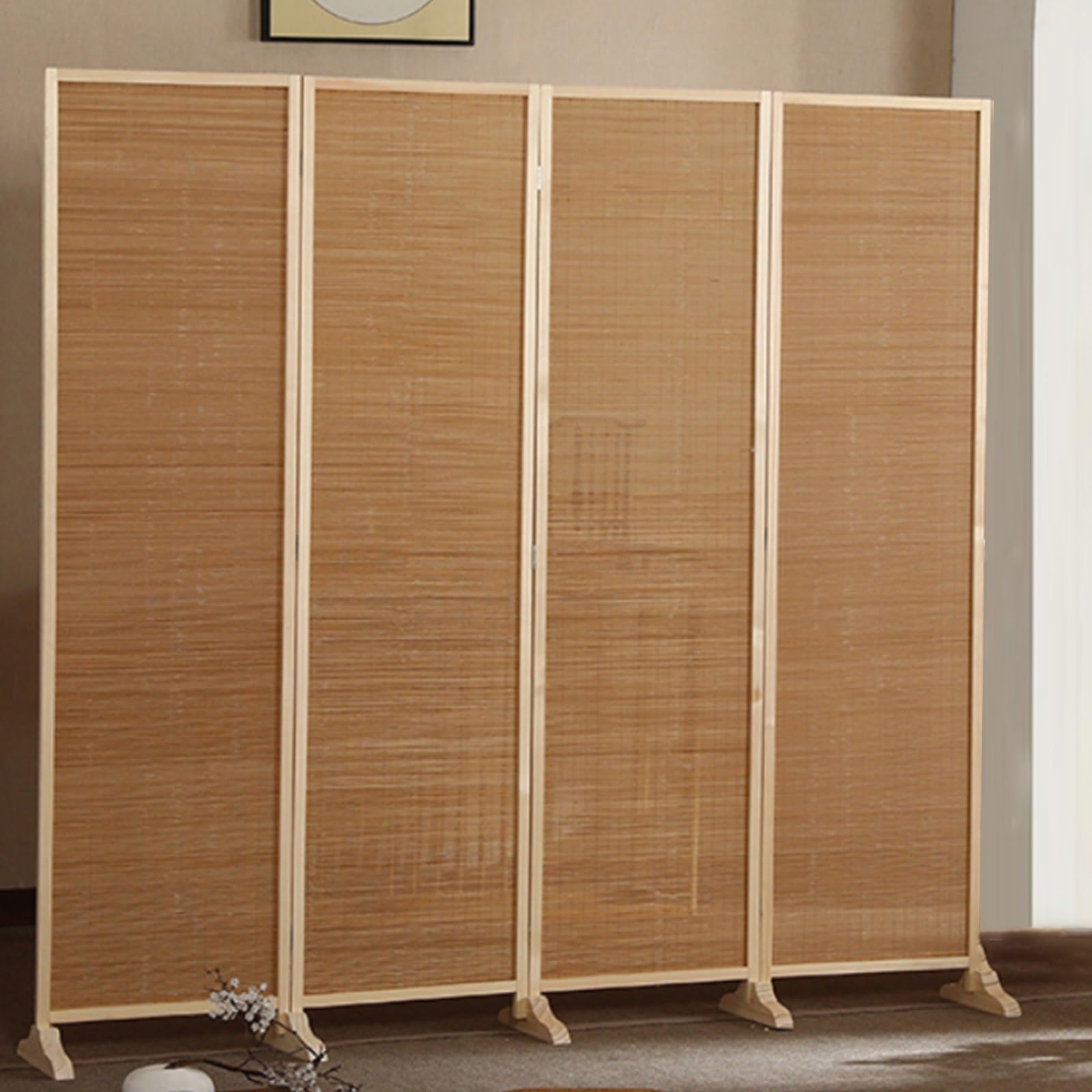 Zaqycm One Color 4 Panel Room Divider Folding Privacy Wooden Screen, 3Ft 4Ft 5Ft 6Ft 7Ft Short Tall Wall Partition Hand-Woven Freestanding For Home Office Kids Bedroom Hospital(H 5.5Ft/170Cm)
