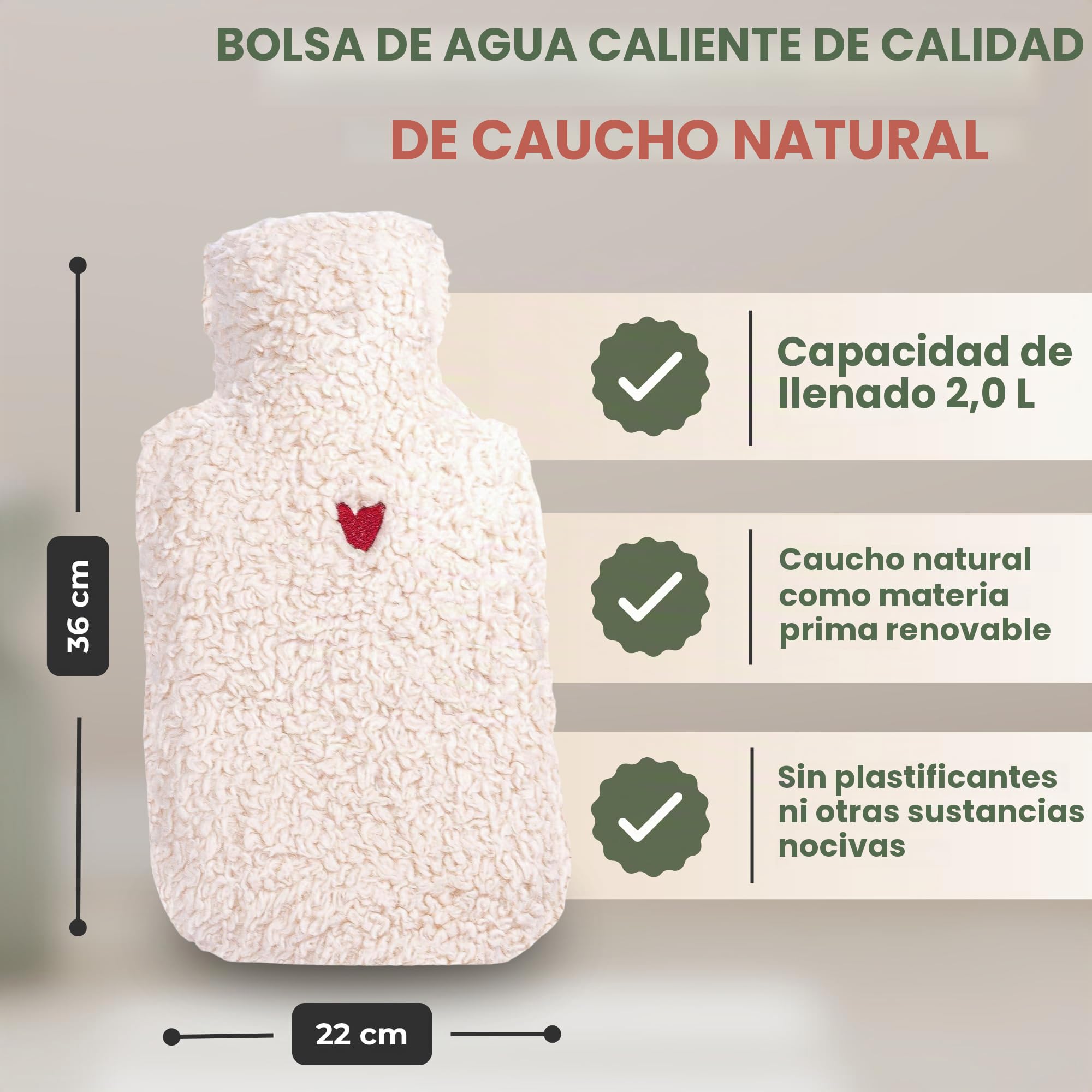 kontor28 - Bolsa de agua caliente con funda de 100% algodón orgánico súper suave, hecha a mano, fabricada en Alemania, a prueba de fugas, inodoro y analgésico para niños y adultos - 2,0 litros