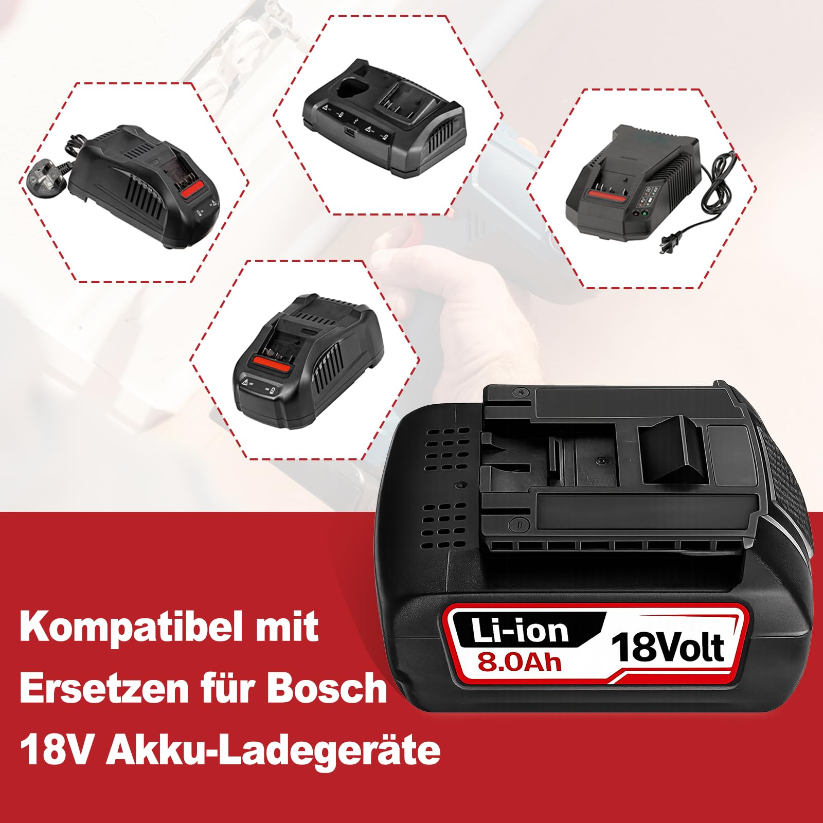 4 Stück 8.0AH Li-Ion Ersatzakku für Bosch 18V Akku Lithium Akku Kompatibel mit Bosch 18V Serie BAT609 BAT609G BAT618 BAT618G BAT619 (Nicht Kompatibel mit 18 Volt Green Tools House & Garden System)