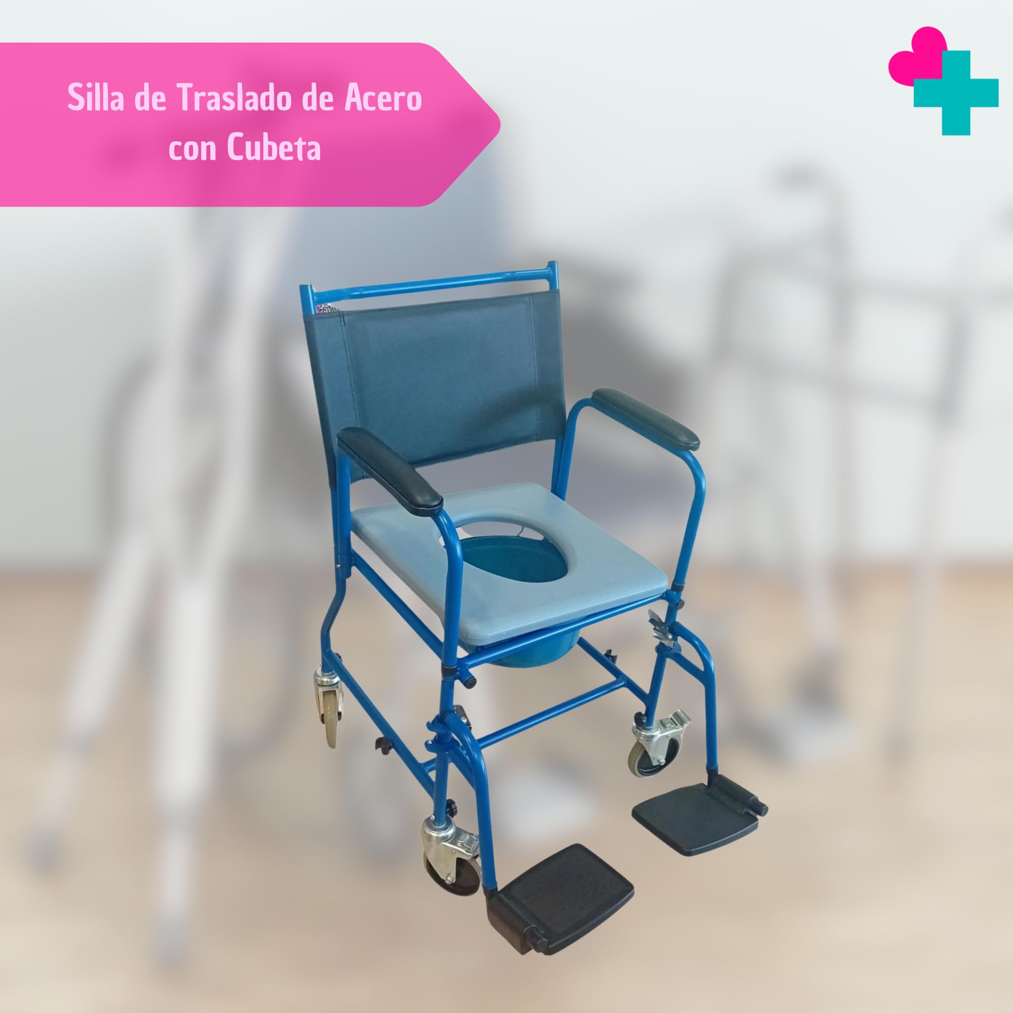 GERCARE Silla Ducha con Ruedas de Traslado con Cubeta. Silla WC Personas Mayores con Estructura de Acero Resistente. Silla Baño Adulto con Reposapies. Ideal para Baño, Traslado y Cuidado de Mayores