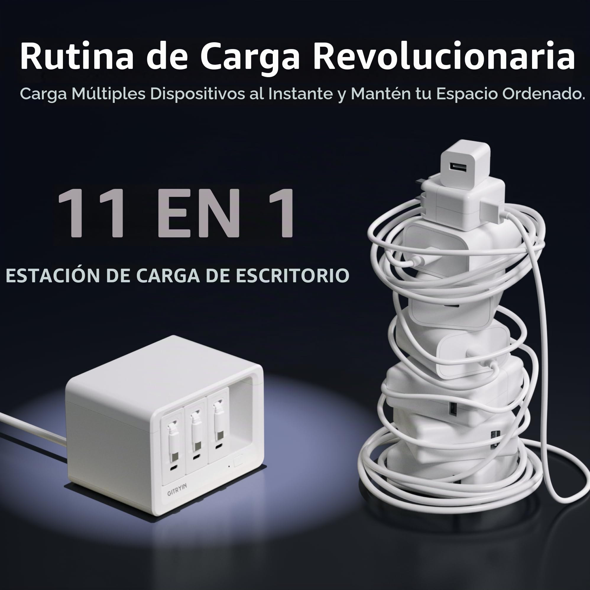 Gitryin Estación de carga de computadora 11 en 1 con 3 cargadores de pared retráctiles, tira de alimentación USB-C de 40 W con 5 CA, 3 USB C, 3 cables tipo C de 31.5 pulgadas, cable de extensión con