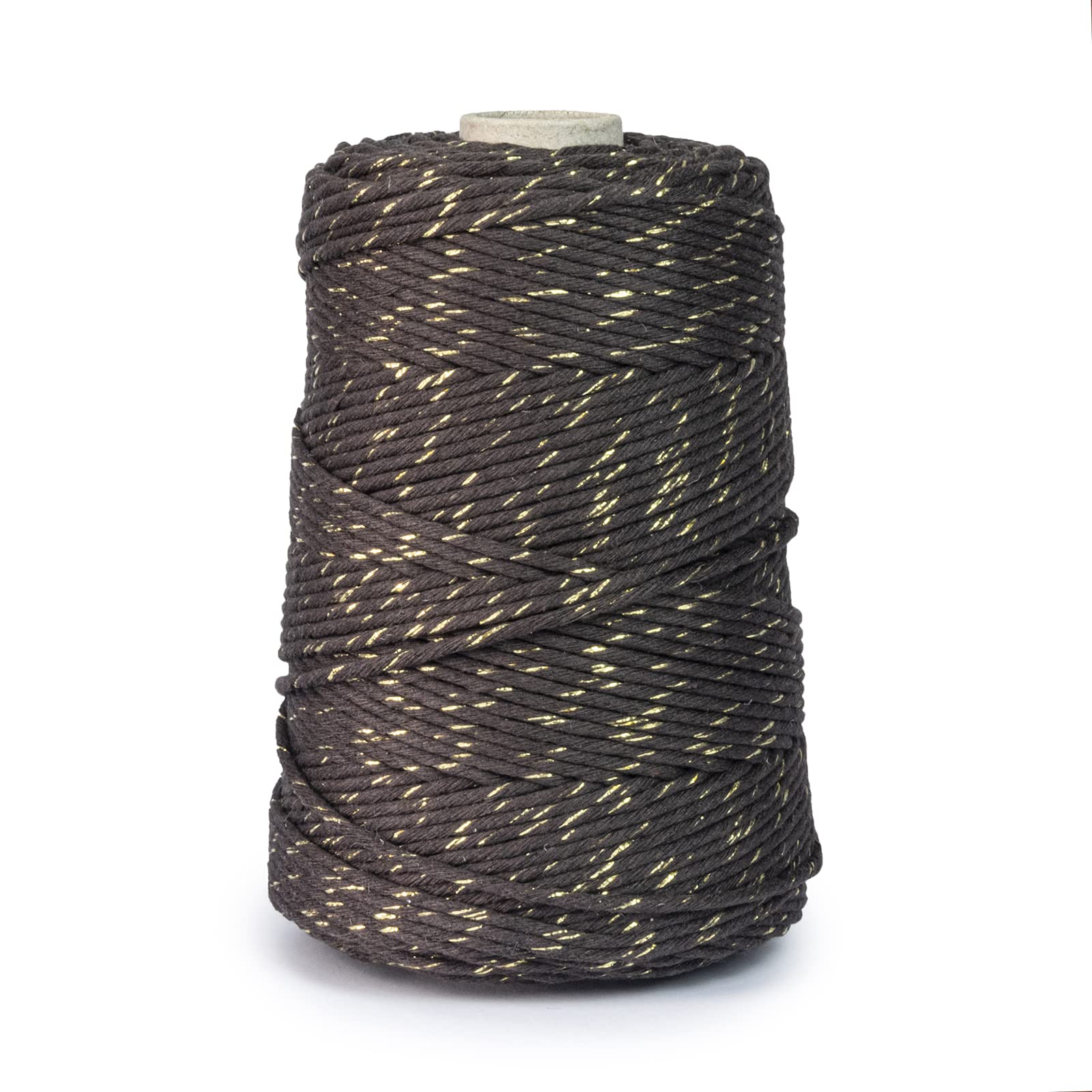 Filato Makramee, 1000 m, 3 mm, marrone con filo dorato, 100% cotone, corda naturale, filo di cotone di cotone, per decorazioni fai da te