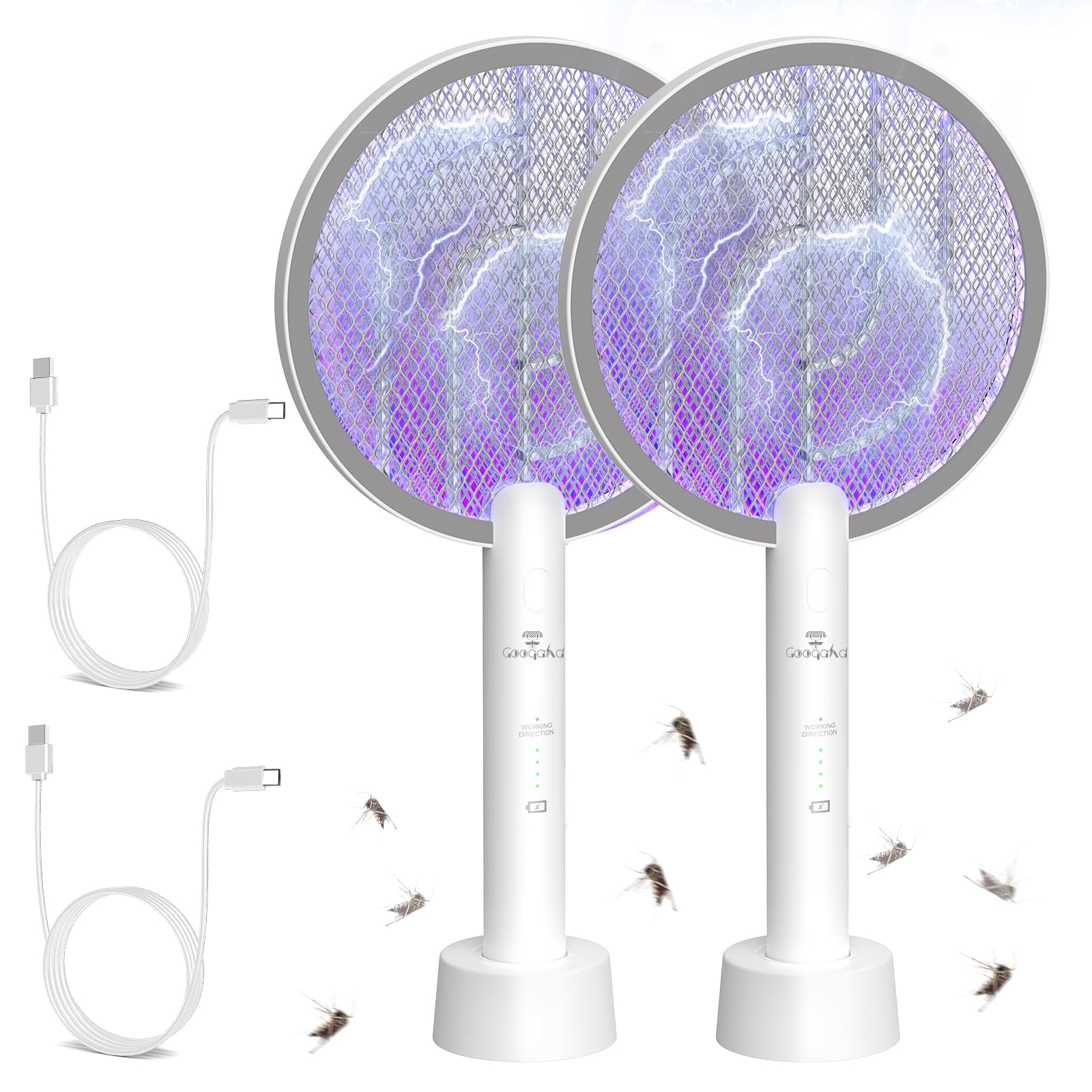 2 Pezzi LED Racchetta Zanzare Elettrica, 4000 Ricaricabile 2-In-1 Racchetta Zanzare Elettrico con USB, Protezione Maglia a 3 Strati, Adatto per Campeggio Interni ed Esterni Bianco