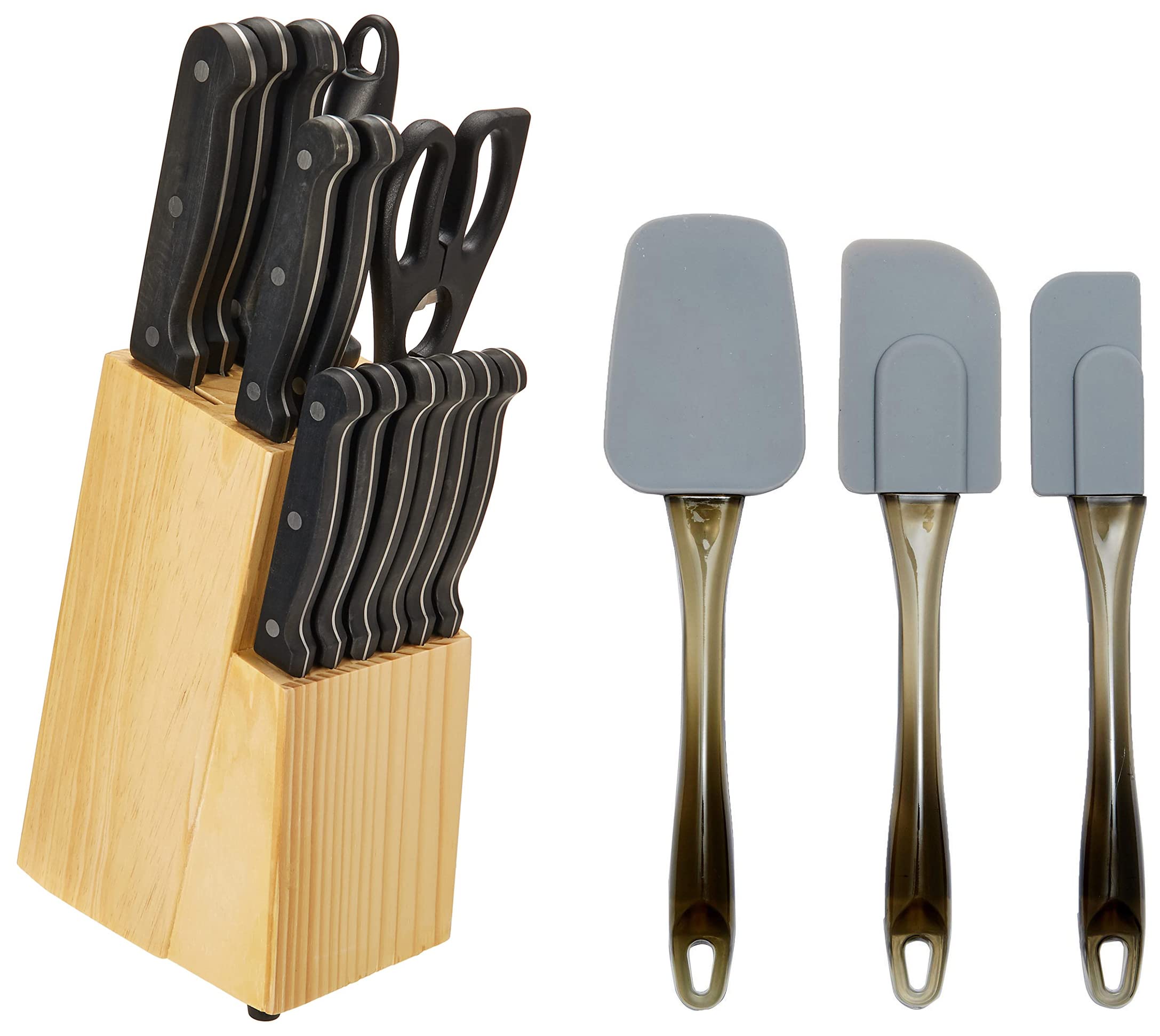AmazonBasics Stainless Steel Knife Set with High-Carbon Blades and Pine Wood Block, 14 Pieces and AmazonBasics Silicone Spatula Set, 3-Pieces, Grey
