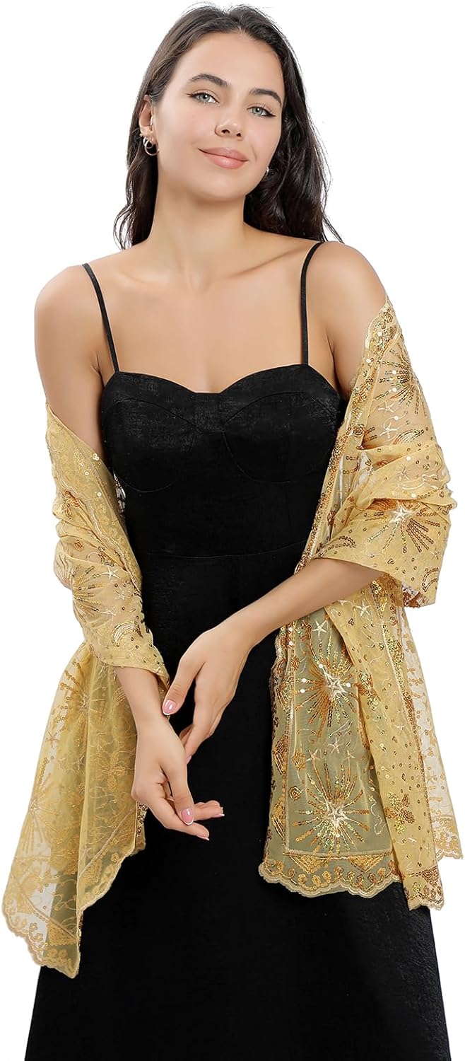 Sequin Lace Shawl Wrap, Evening Formal Sheer Shawls for Women Dressy Cover Up, Wraps and Shawls - Image 3