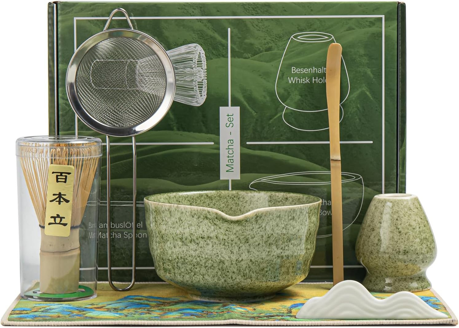 Product image of Matcha Set, Matcha Whisk Set Includes Matcha Bowl with Spout, Bamboo Whisk, Matcha Whisk Holder, Sifter, Scoop, Spoon Holder, Tea Towel- 7pcs Perfect Matcha Kit for Matcha Tea Ceremony (Jade Green)