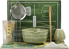 Conjunto De Matcha, Batedor Tigela Matcha Com Bico E Batedor, Colher Peneira, Suporte Colher, Pano Prato, Chasen - Kit Perfeito Para Cerimônia Do Chá 7 Peças (Verde Jade)