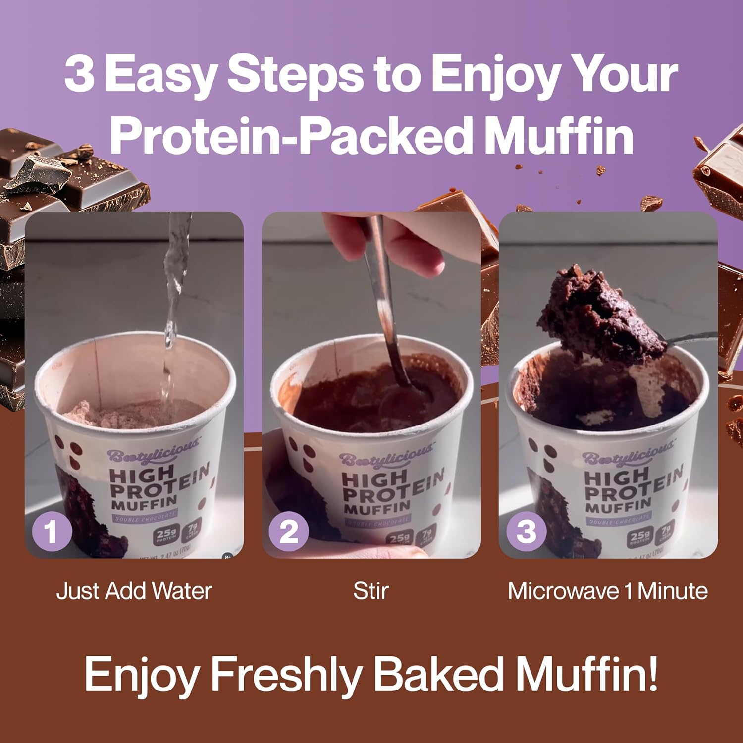 Bootylicious | 25g Protein Muffin | Chocolate Lovers | Low Carb, 16g-18g Fiber, Low Glycimic Index, Low Sugar, 2.32-2.75oz Cup, 12-Pack