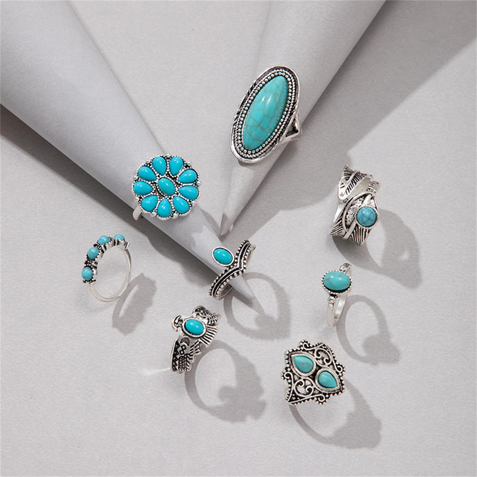 Juego de anillos bohemios de turquesa para mujer, anillos occidentales gruesos y gruesos de ópalo turquesa apilable, juego de anillos de nudillos punk de cristal midi, joyería bohemia, Metal, Sin 5