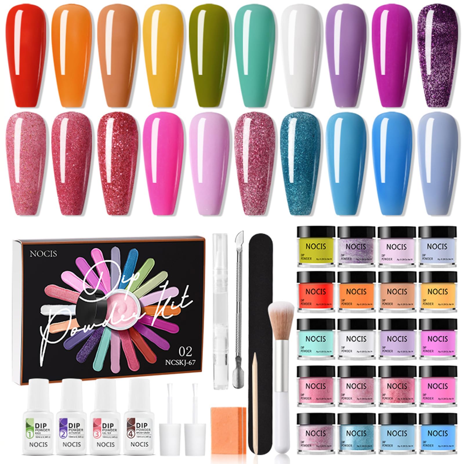 20 colori Dip Powder Nail Kit, asciugatura rapida, lampada LED necessaria, kit di avviamento per immersione in polvere per unghie con base, top coat, attivatore, salva (NCSKJ-67)