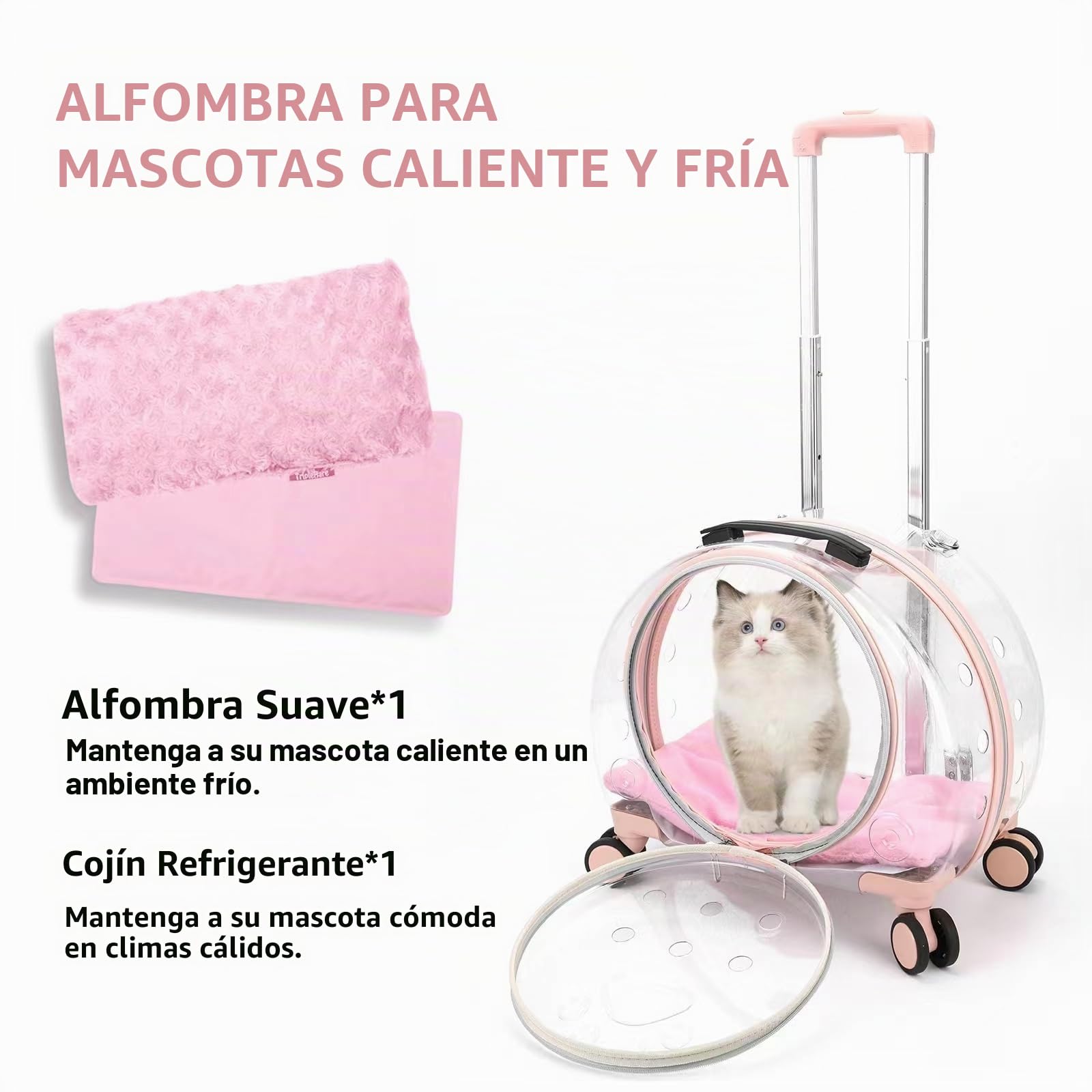 Mochila para gatos/perros con ruedas, transparente y transpirable, 3 en 1, maleta para gato/perro, carga máxima 8 kg, múltiples opciones de transporte, ideal para viajes/paseos/veto (rosa)