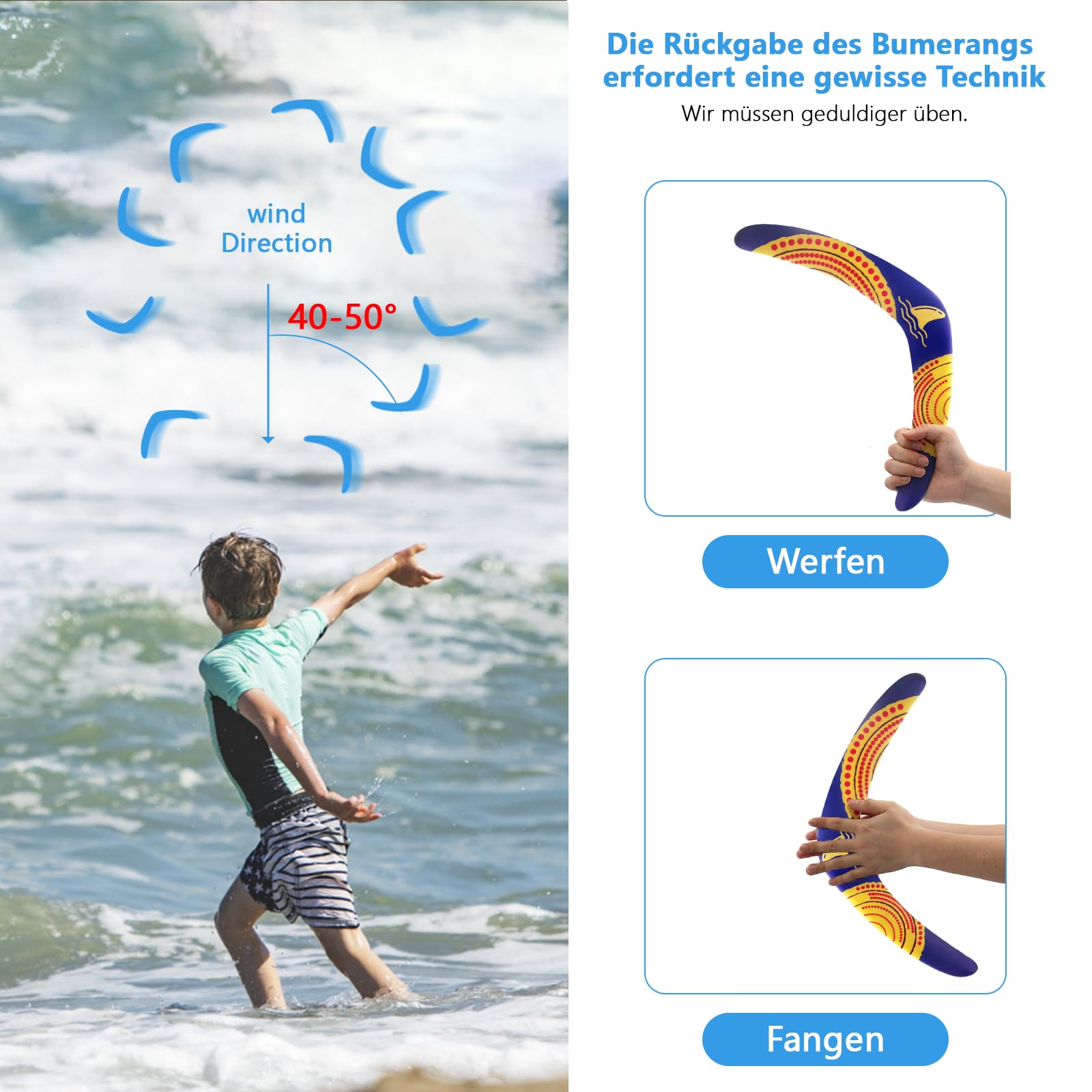 SVNR Boomerang Boomerang pour enfants et adultes - Boomerang de retour en plastique EVA - Jouet à lancer en forme de V pour jeux de plein air et sports de plein air (soleil rouge)