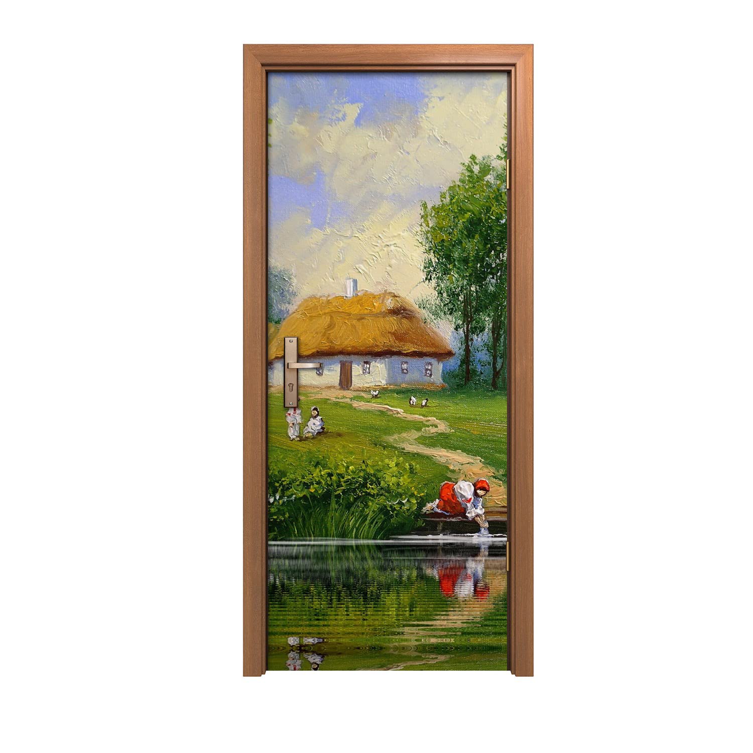 Autocollant de porte 80x200cm design décoration murale trompe l'oeil paysage village