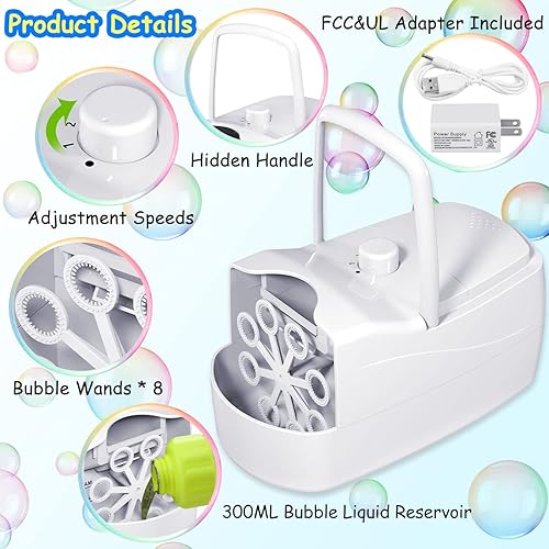 Miniatura 6 de Máquina de burbujas, soplador automático de burbujas electrónico para niños, más de 18,000 burbujas por minuto con 2 velocidades, 8 varitas, juguete