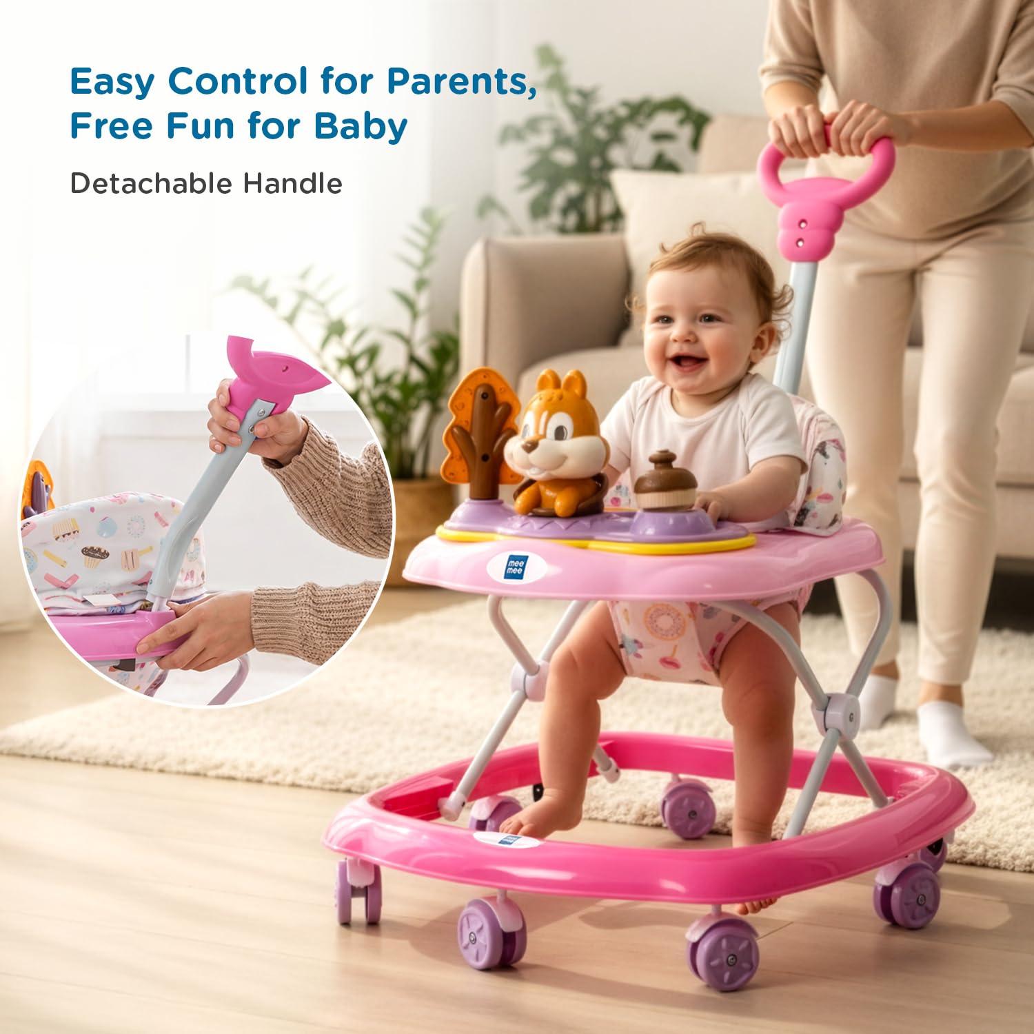 Mee Mee Rabbit Baby Activity Walker with Musical Toy & Feeding Tray | 3 Height Adjustable | Safety Stopper & Lights | Foldable Walker for 6β24 Months | Up to 15 kg | Pink 3
