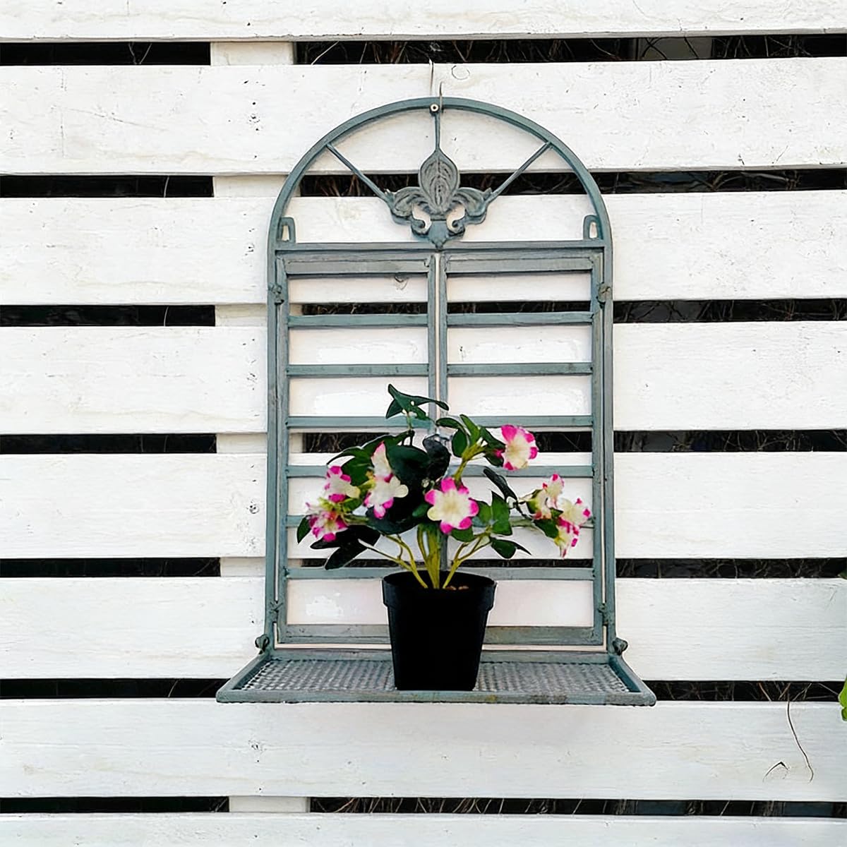 Rustikale Deko-Fenster mit Bogen zum Öffnen Sprossen-Fenster auf Platte Scheunenfenster Fensterrahmen Fensterladen Fenster Attrappe Metall Eisen Wanddekor für Gartendeko (Antik Grün)