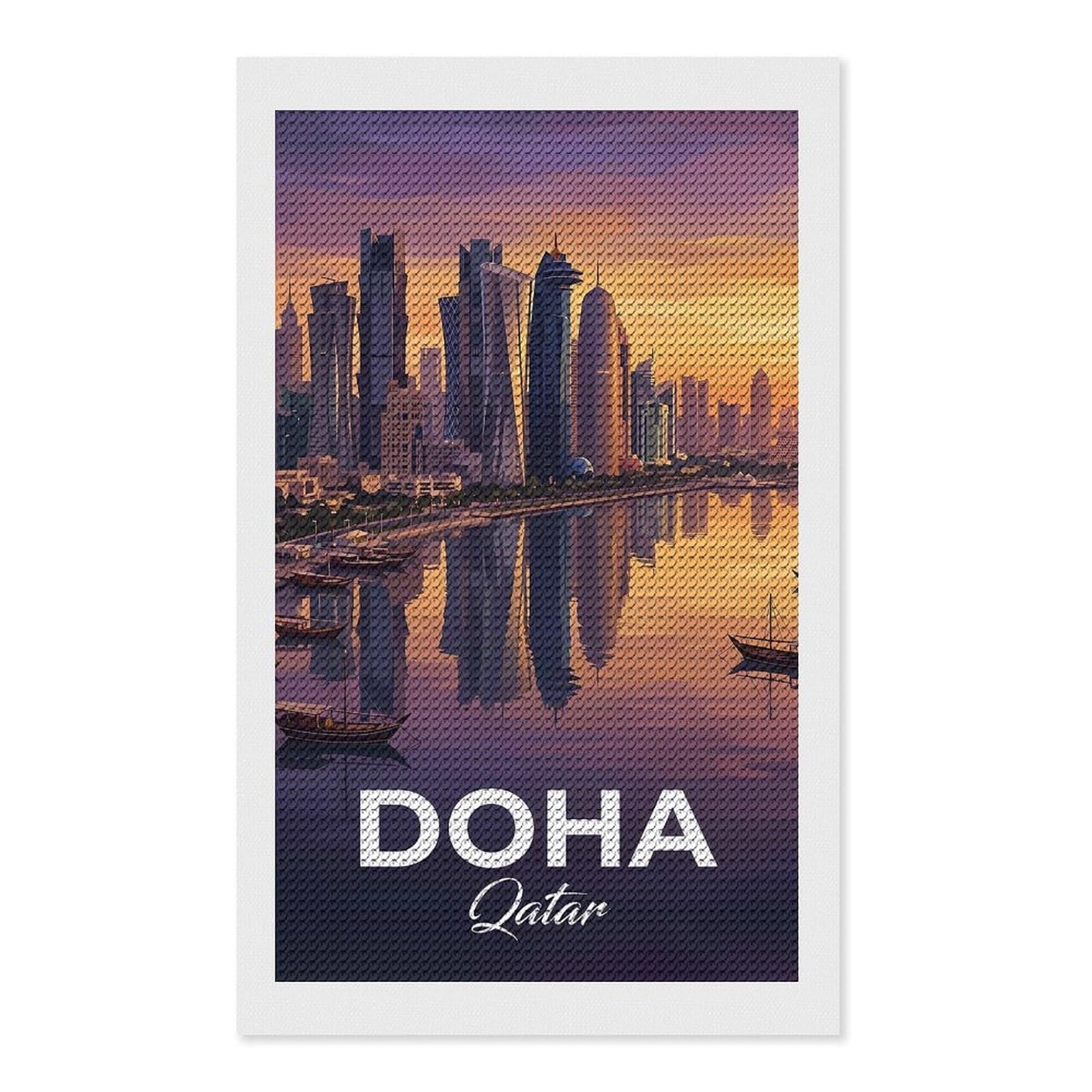 Junmoney Doha, Qatar Skyline at Sunset Diamond Painting Kit 12"x20", Adhesive Canvas, Home Wall Decor, for Beginners, Birthday Gift, Full Kit Included