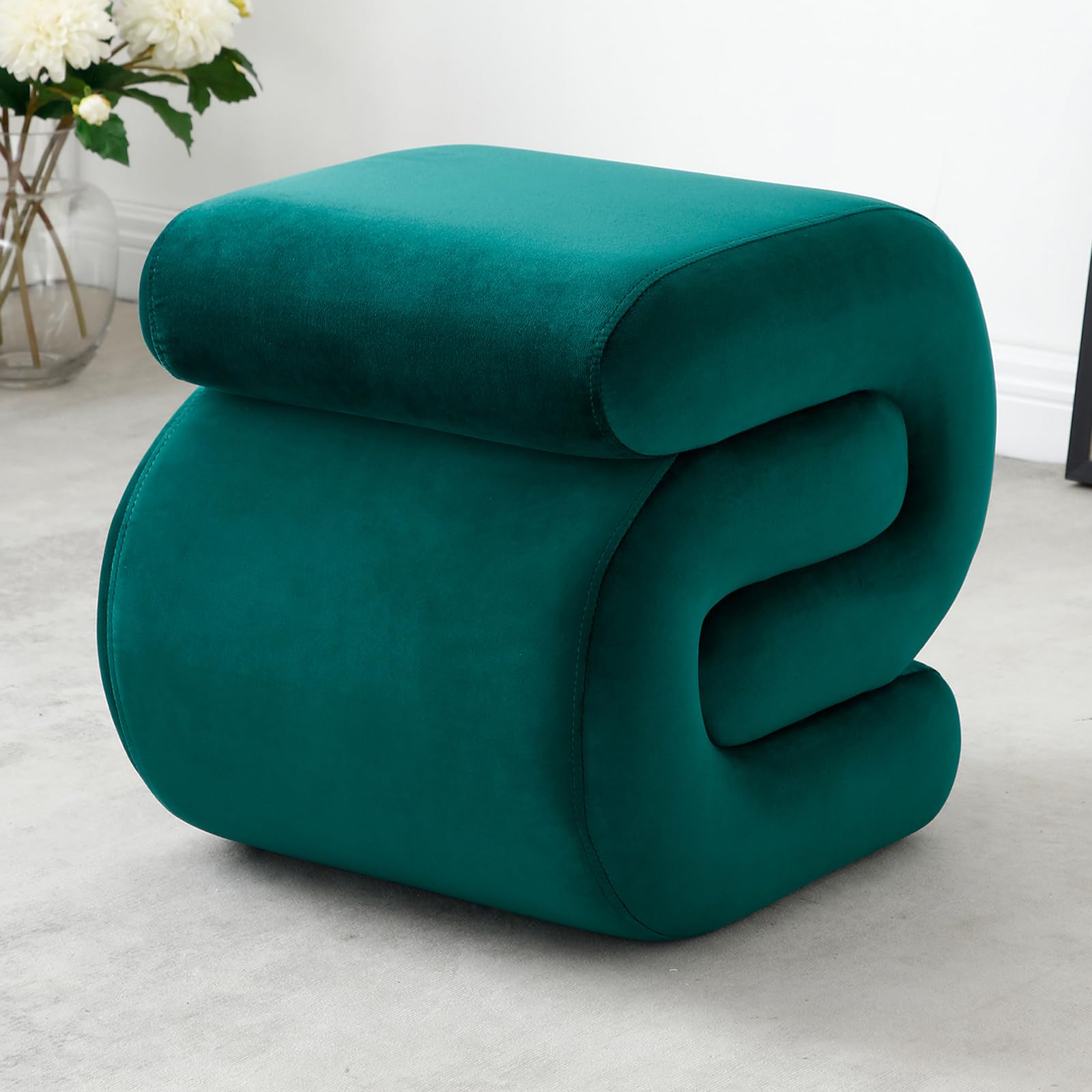Velvet Ottoman,Modern Upholstered Footstoo, Comfortable Velvet Vanity Stool,S-Shape Small Makeup Stool, Under Desk Ottoman for Living Room, Bedroom, Entrance (Dark Green)