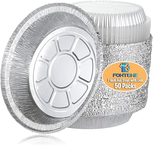 Fonteme Moldes redondos de aluminio de 7 pulgadas con tapas de plástico, paquete de 50 moldes para tartas, sin BPA, aptos para congelador y horno,