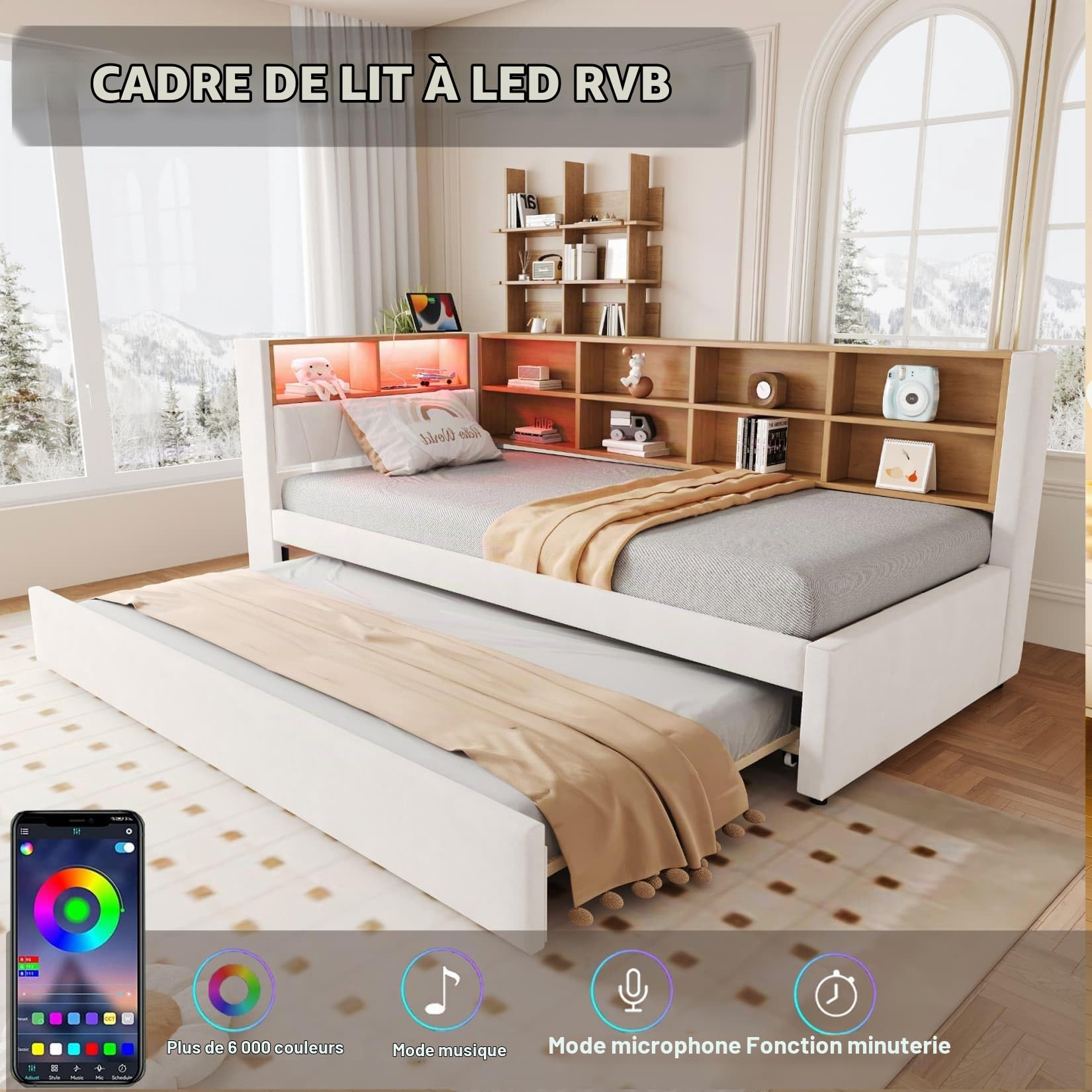 PUGSDRLY Lit 1 Place 90x200cm avec lit gigogne 90x190 et Compartiments de Rangement,Canapé Lit avec Lampes LED,Prise électrique et Port USB,pour Enfant Adolescent Adulte,sans Matelas (beige-90B)