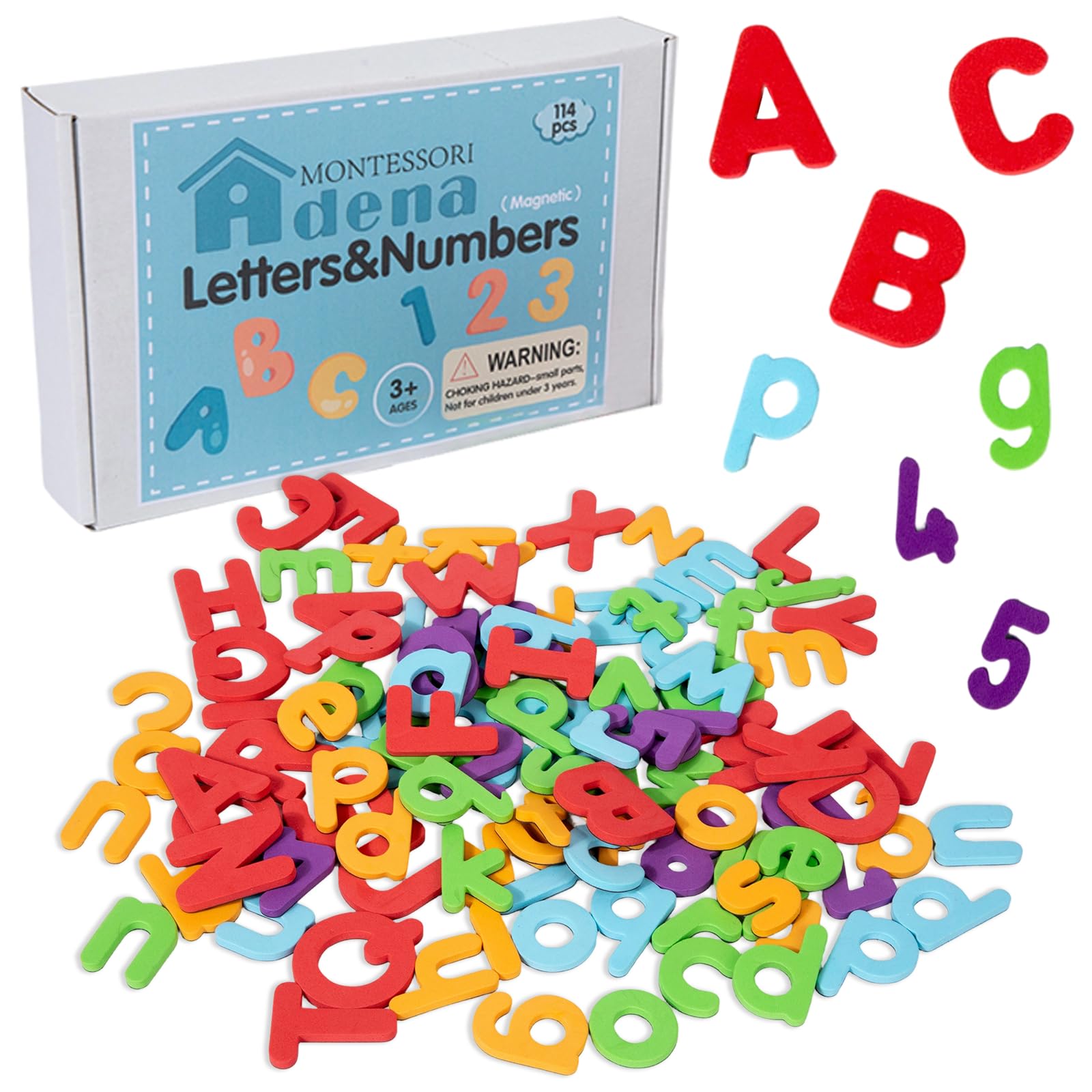 Adena Montessori Magnetic Letters and Numbers Set for Toddlers,115 Pcs Foam Alphabet Fridge Magnets and Numbers,Preschool Learning Spelling Counting Uppercase Lowercase Math for 3 4 5 Years Kids
