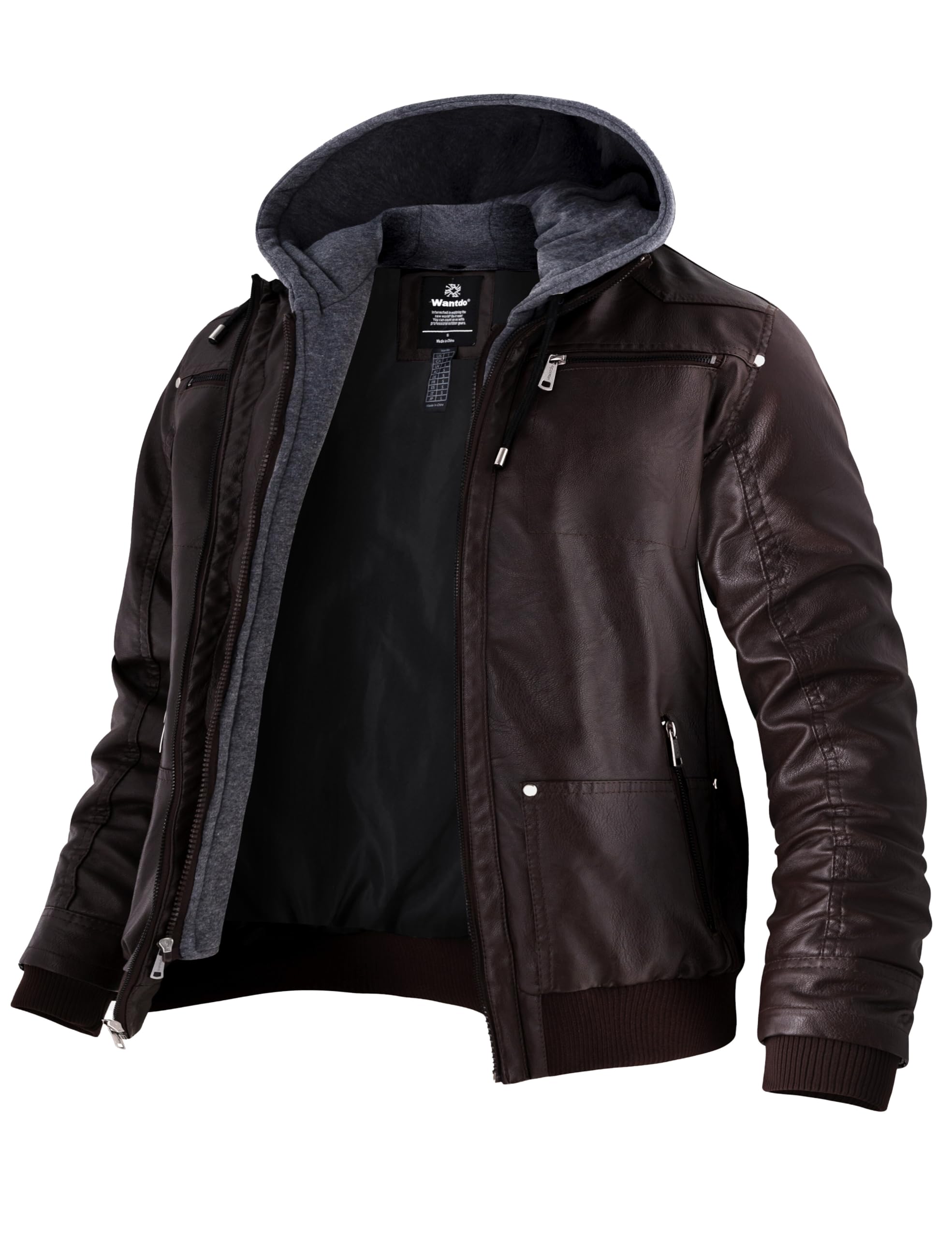 Wantdo Giacca in Pelle da Uomo Giubbotto con Cappuccio Rimovibile da Lavoro Mezza Stagione Primavera Antivento Antipioggia Giacca da Moto Casual