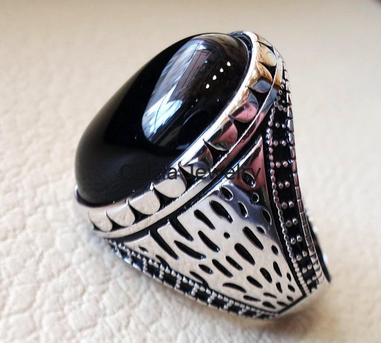 Anello antico pietra preziosa di onice nero, anello per regali di nozze per uomo, regali per l'di compleanno per papà, marito, fidanzato, anello di dichiarazione, regali di fidanzamento (nero-onice)