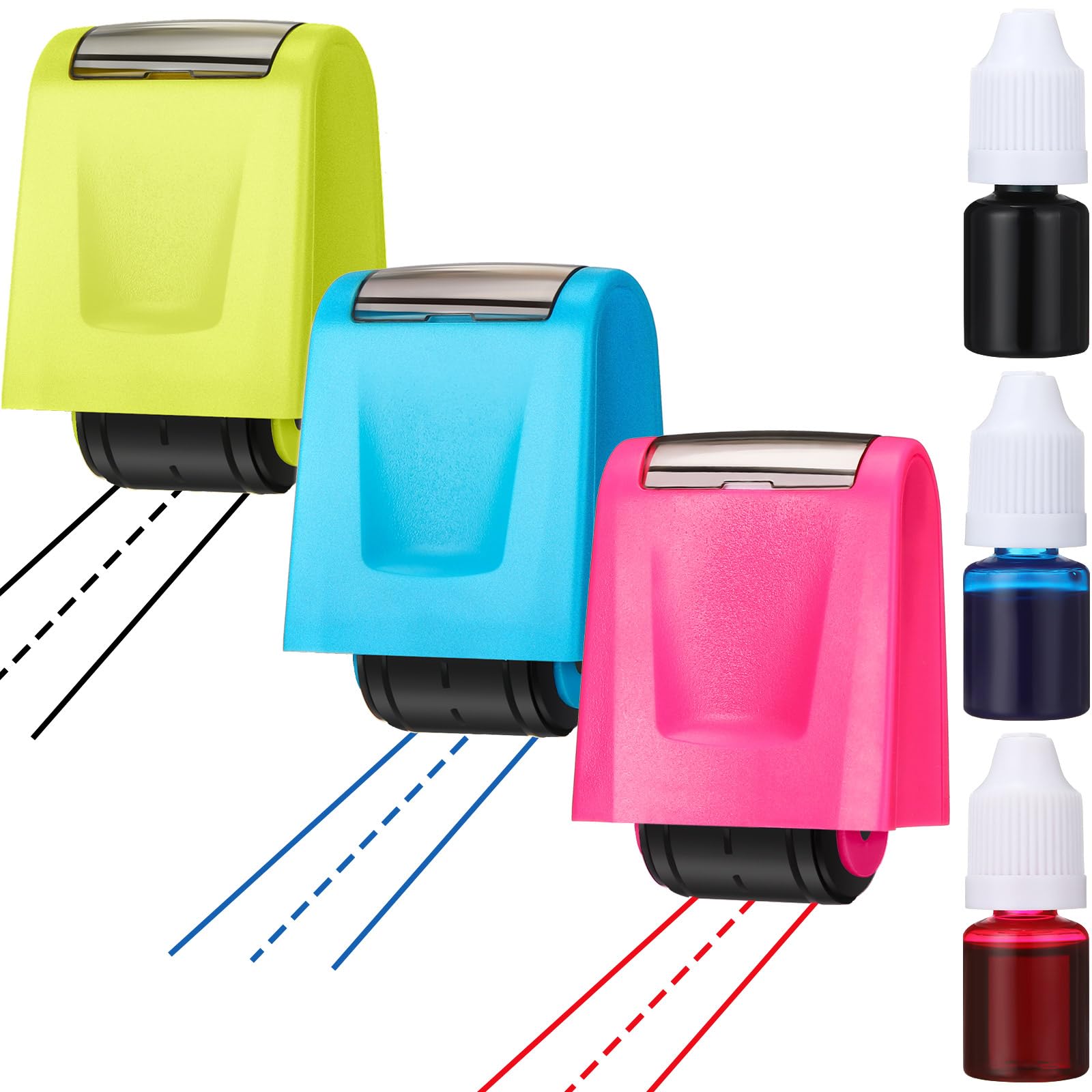 Sherr 3 Pcs Dashed Handwriting Lines Stamps with Pink Blue Green Inks Refill Practice Stamps Roller Self Inking Handwriting Rolling Tool for Teachers