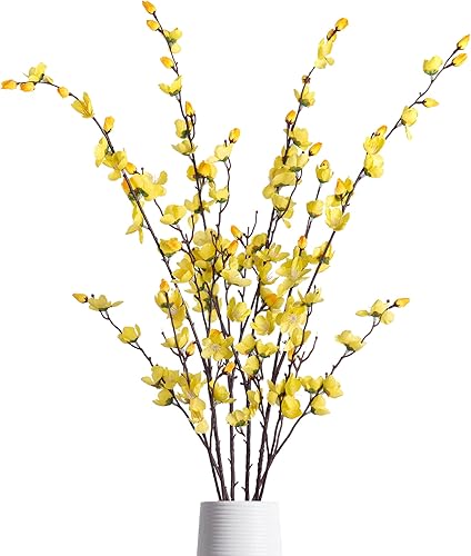 Plantas artificiales artificiales para decoración de interiores de primavera y verano, 4 paquetes de flores de ciruelo de seda sintética, ramas de