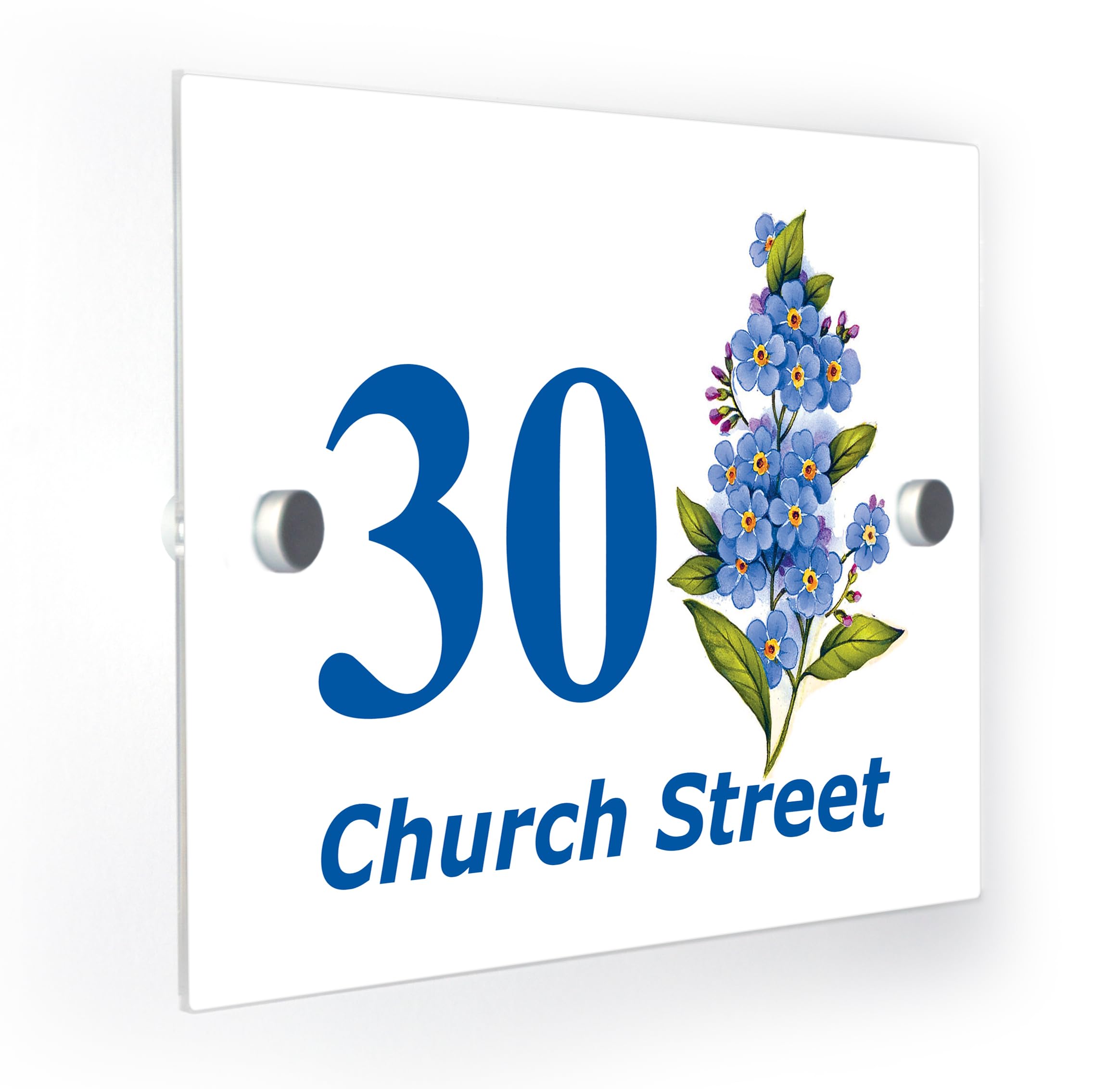 Forget Me Not Myosotis Flower Personalised House Number Door Sign Plaque with Fittings